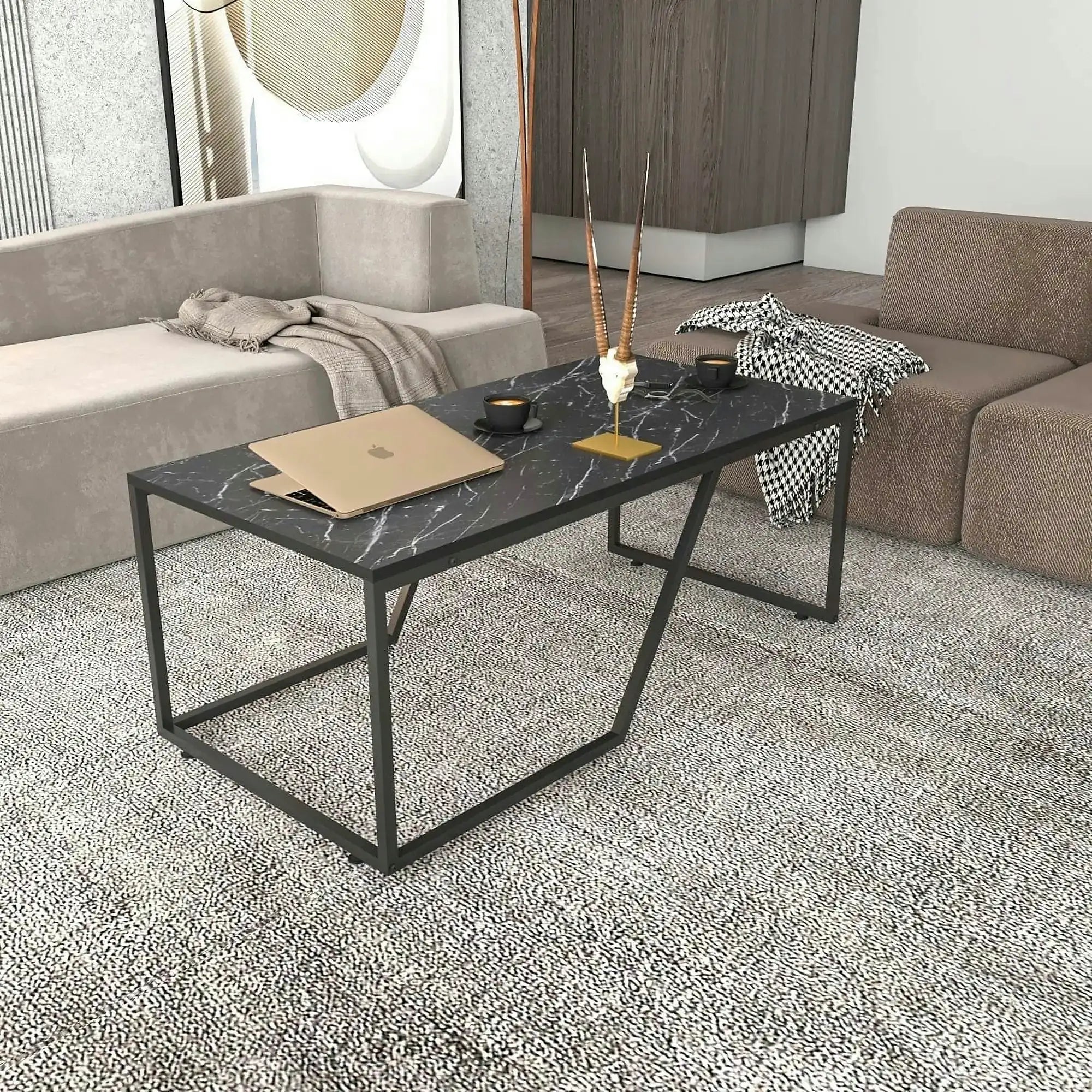 Masuta cafea Wendy, negru cu efect de marmura, PAL melaminat, 120x60x48 cm