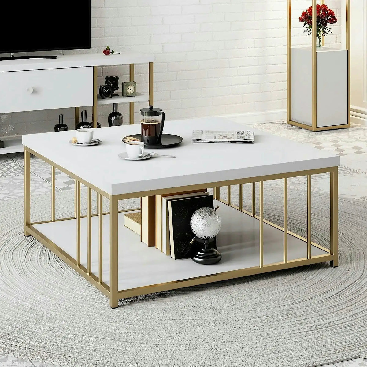 Masuta cafea Zenn, alb/auriu, PAL melaminat/metal, 90x90x40 cm