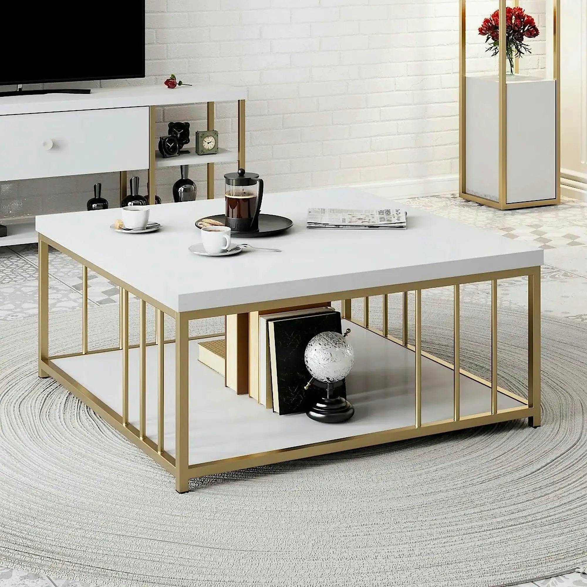 Masuta cafea Zenn, alb/auriu, PAL melaminat/metal, 90x90x40 cm