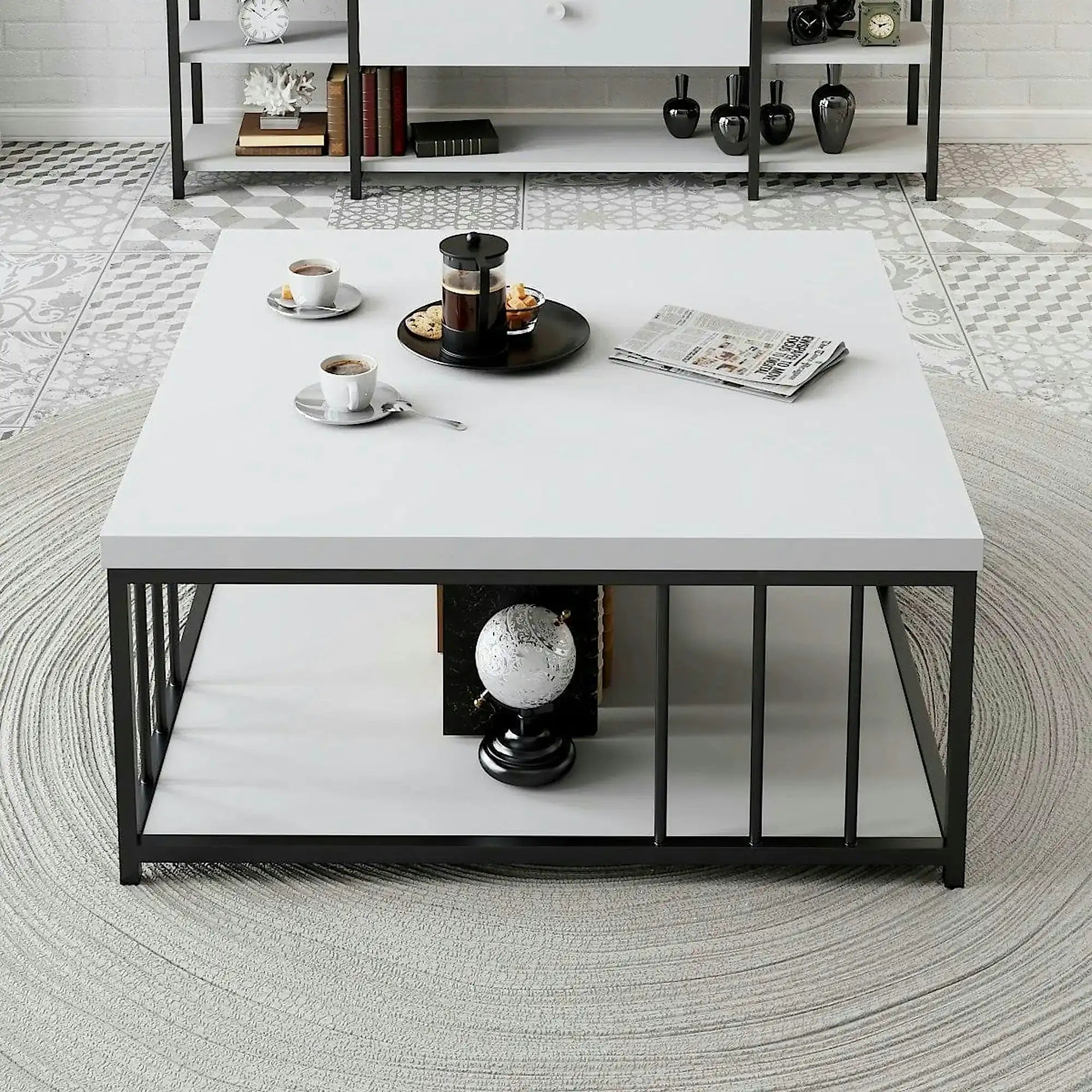 Masuta cafea Zenn, alb/negru, PAL melaminat/metal, 90x90x40 cm