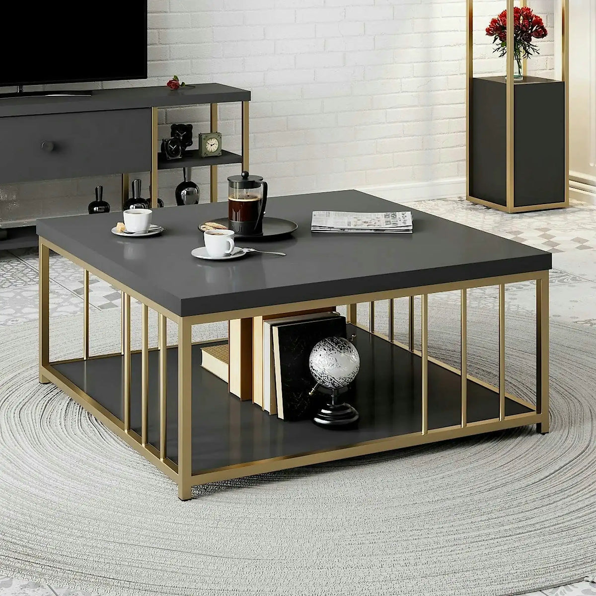 Masuta cafea Zenn, gri antracit/auriu, PAL melaminat/metal, 90x90x40 cm