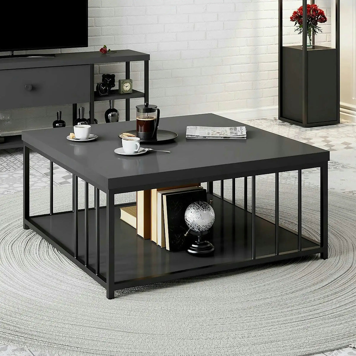 Masuta cafea Zenn, gri antracit/negru, PAL melaminat/metal, 90x90x40 cm