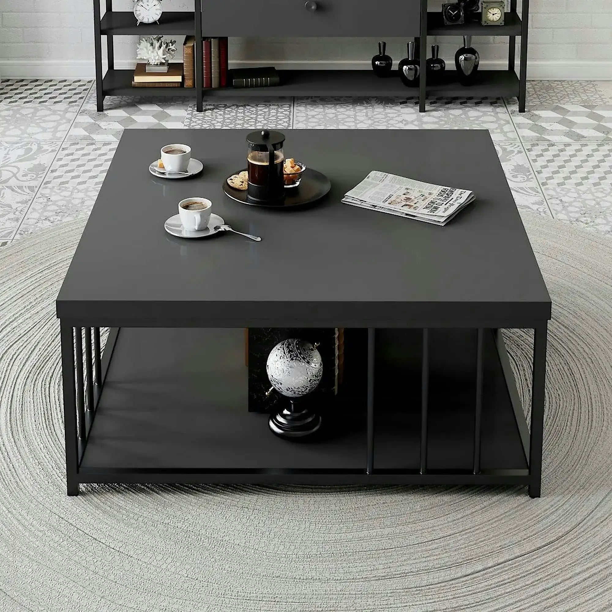 Masuta cafea Zenn, gri antracit/negru, PAL melaminat/metal, 90x90x40 cm