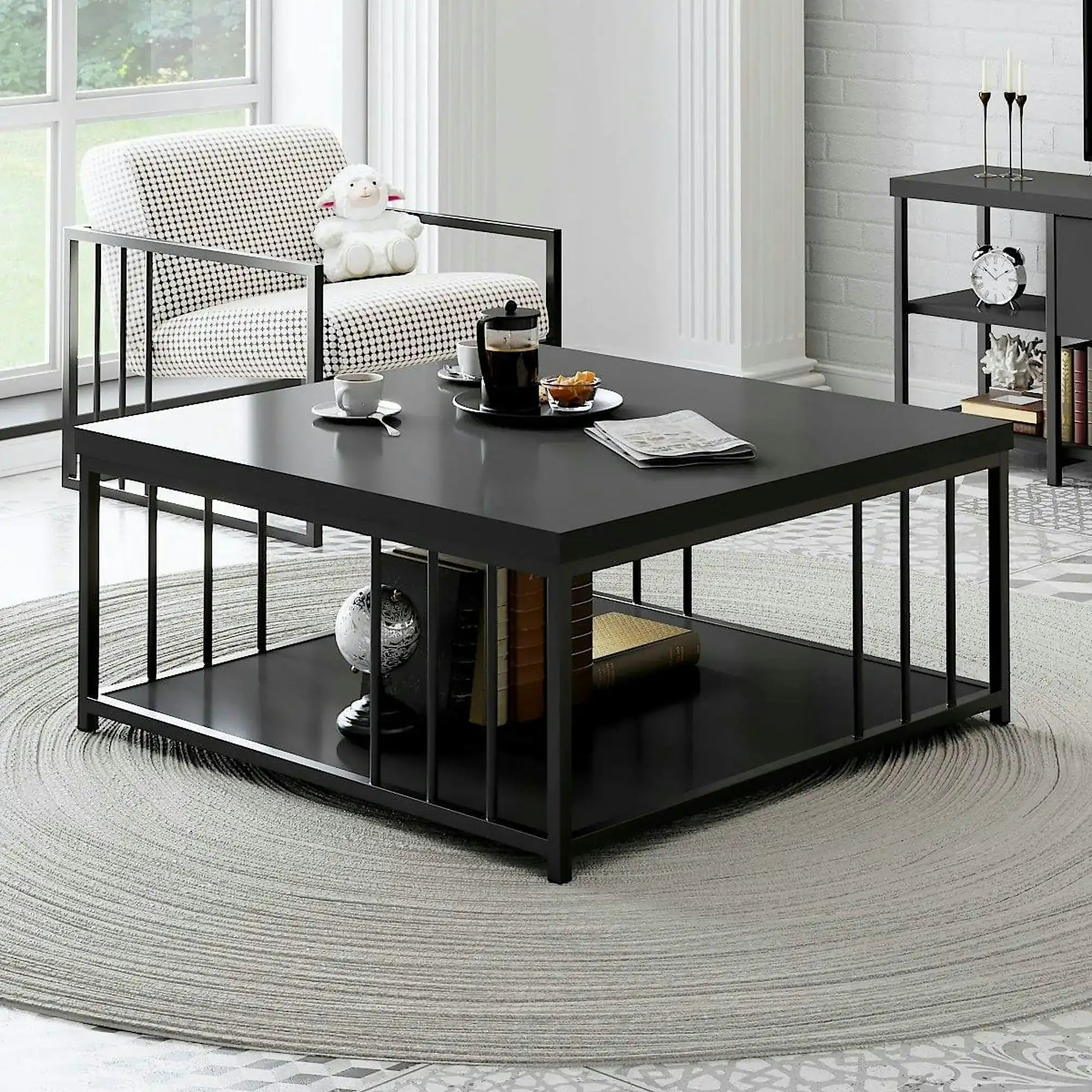 Masuta cafea Zenn, gri antracit/negru, PAL melaminat/metal, 90x90x40 cm