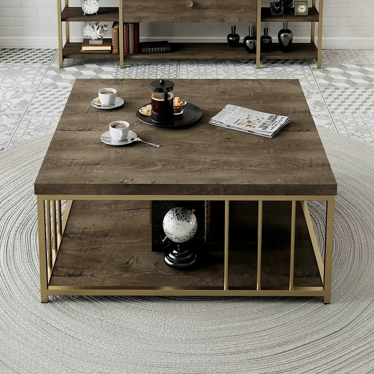 Masuta cafea Zenn, nuc/auriu, PAL melaminat/metal, 90x90x40 cm