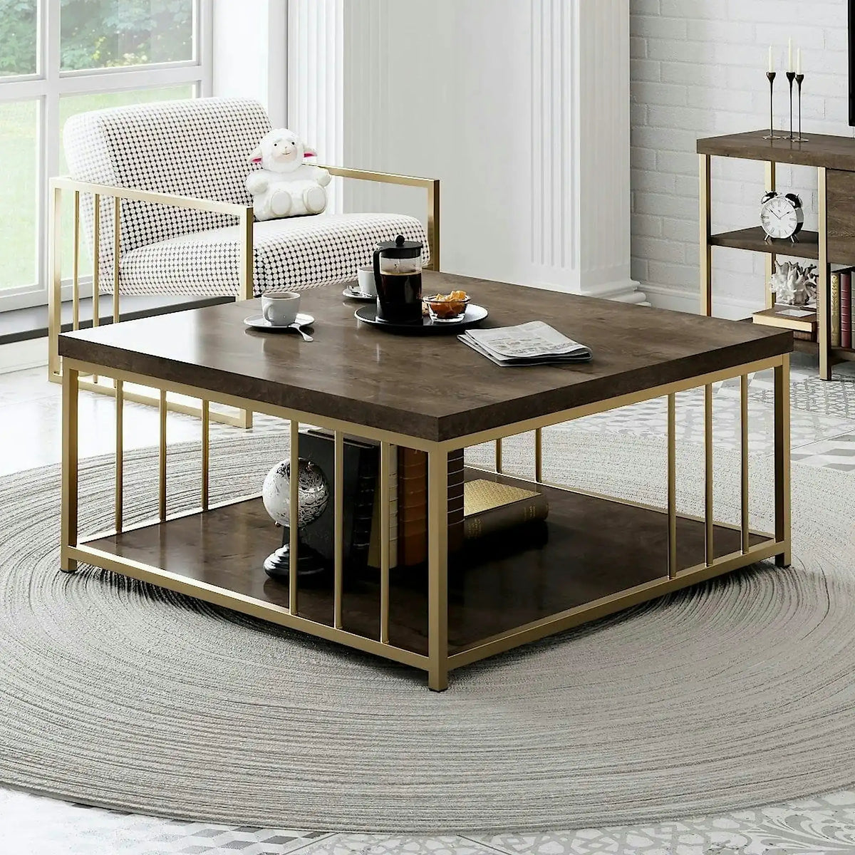 Masuta cafea Zenn, nuc/auriu, PAL melaminat/metal, 90x90x40 cm