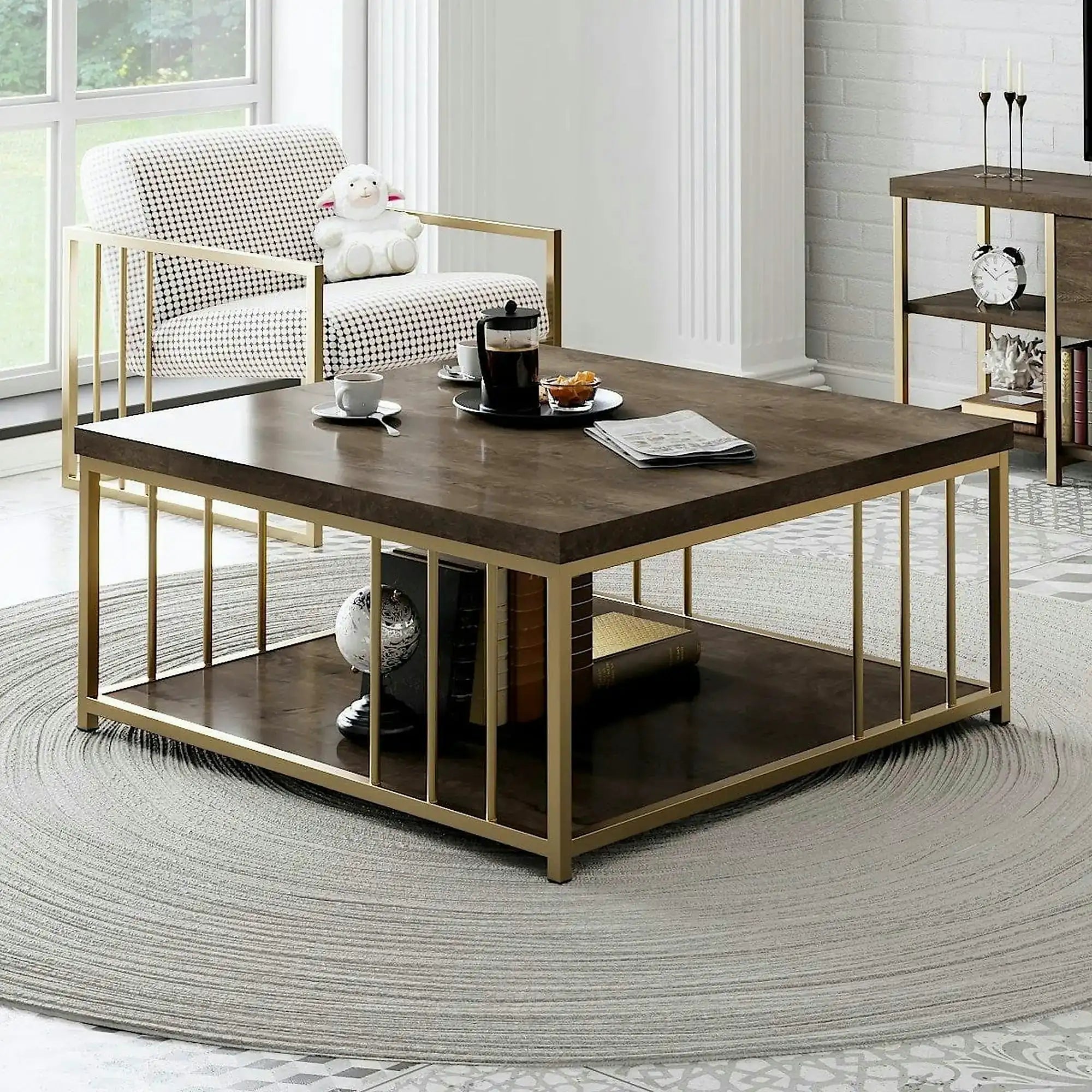 Masuta cafea Zenn, nuc/auriu, PAL melaminat/metal, 90x90x40 cm