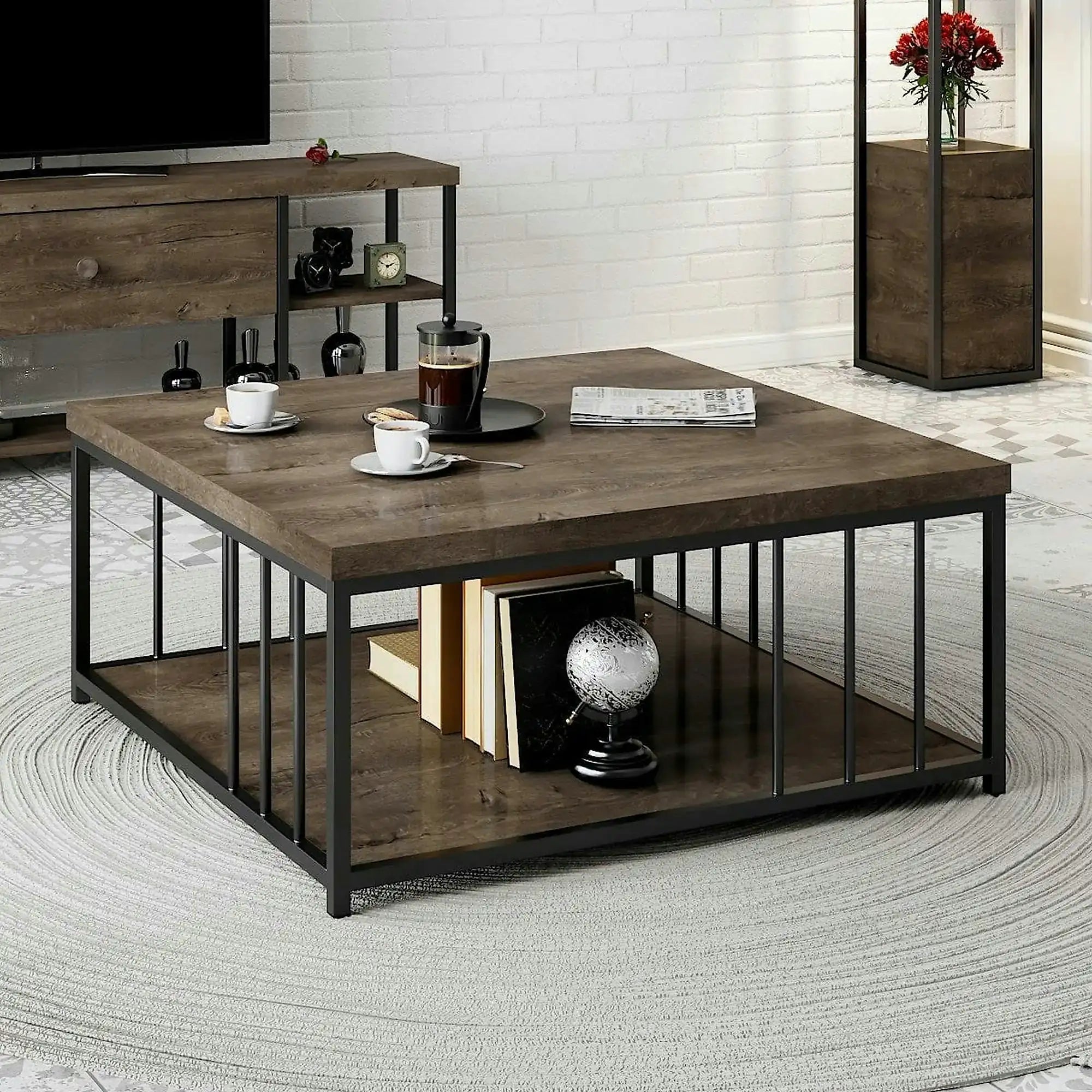 Masuta cafea Zenn, nuc/negru, PAL melaminat, 90x90x40 cm