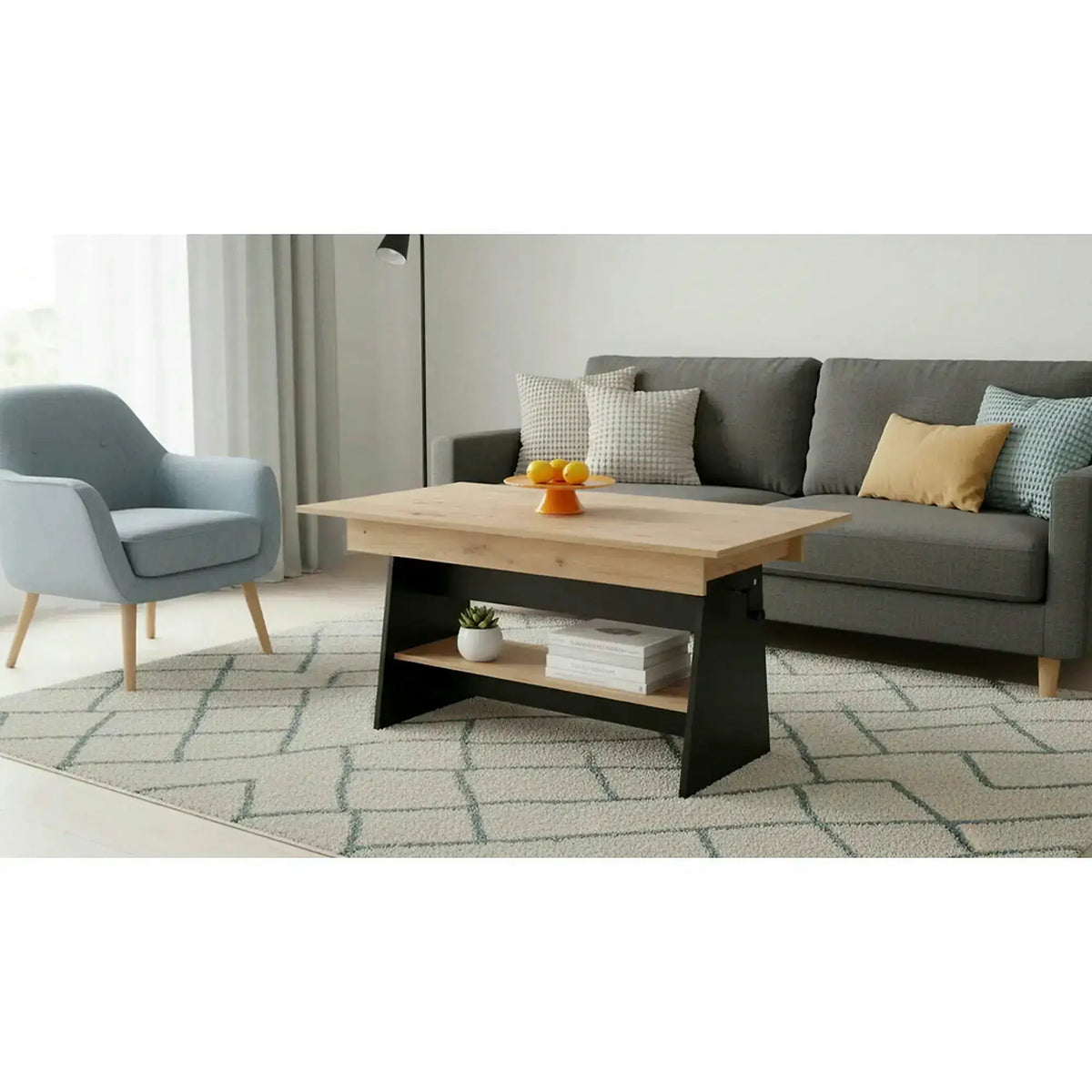Masuta de cafea extensibila ERIKA, stejar artisan/negru, PAL laminat, 120/160x70x61/72 cm