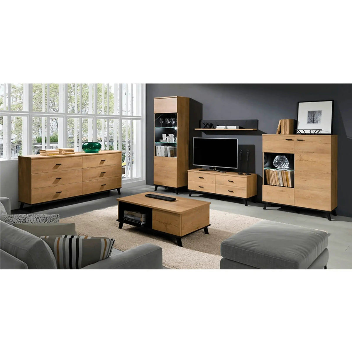 Masuta de cafea SIRAN TYP 8, stejar deschis/negru, DTD laminat/plastic, 101x61x40 cm