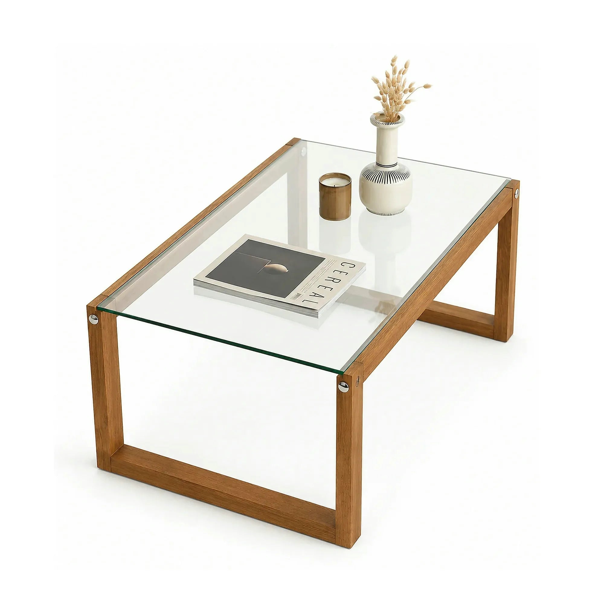 Masuta de cafea Via, transparent/maro, sticla securizata/lemn, 85x55x37 cm