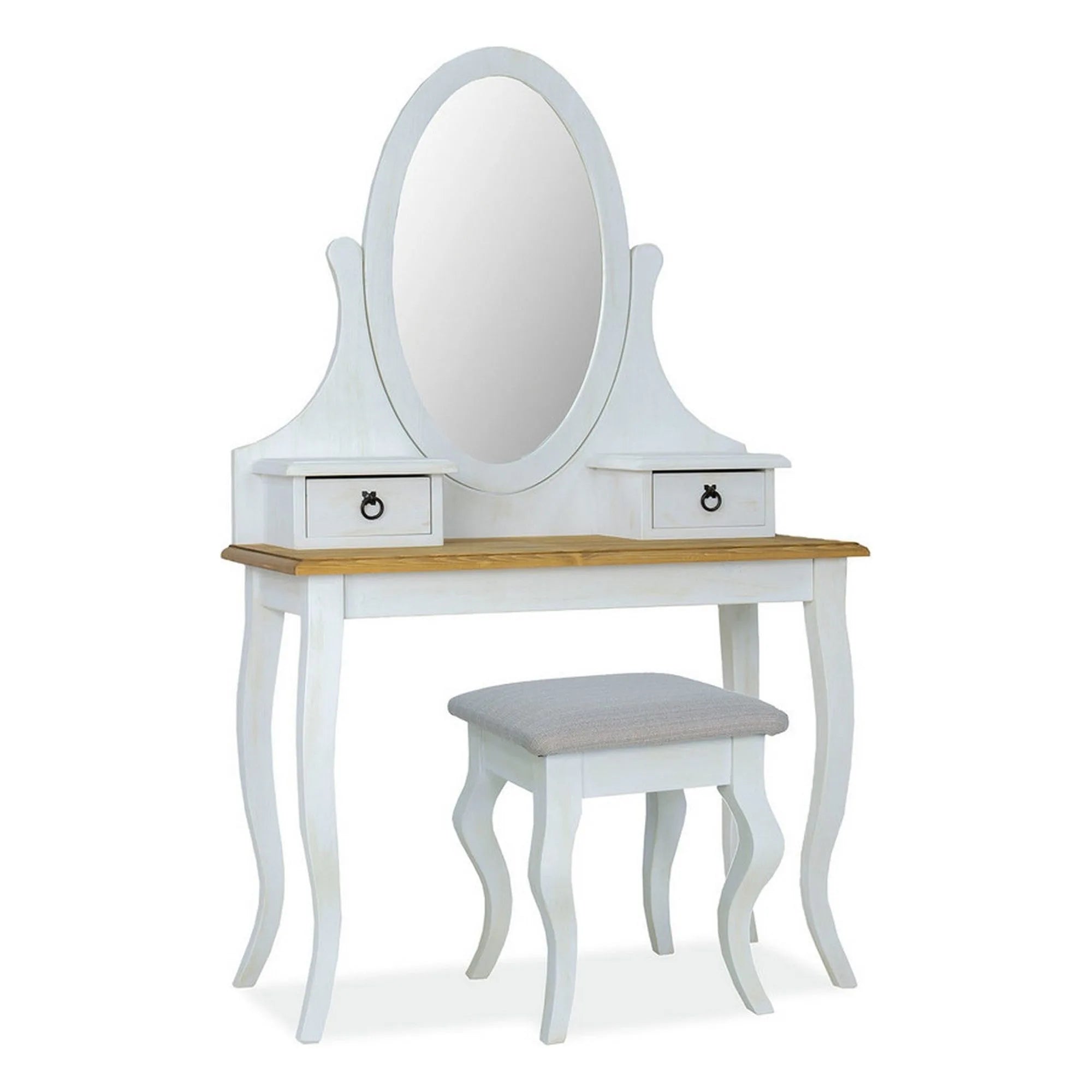 Masuta de toaleta POPRAD, stejar/alb, lemn, cu taburet si oglinda, 100x45x160 cm