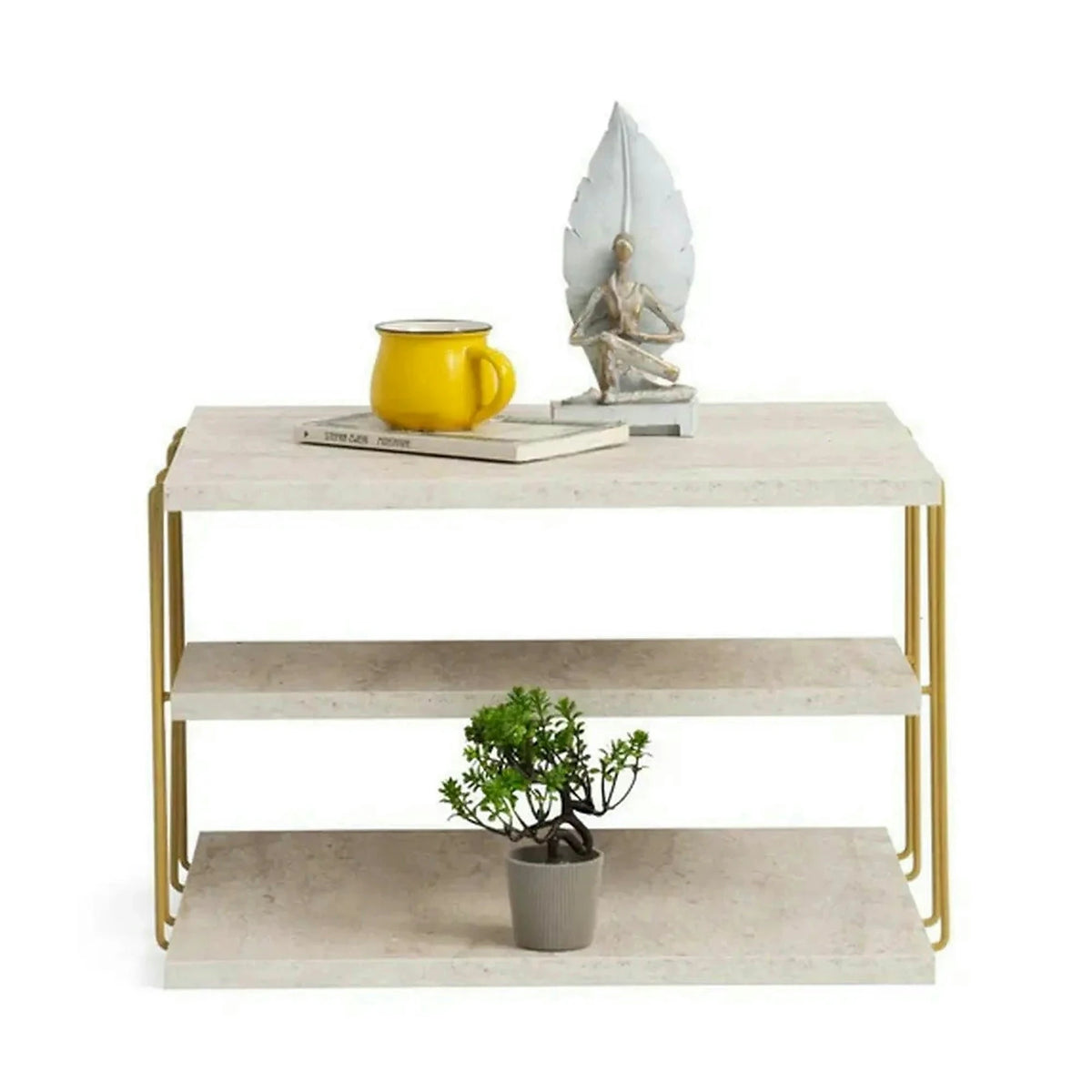 Masuta laterala LIFON, bej cu efect de marmura/auriu, PAL melaminat/metal, 50x40x33 cm
