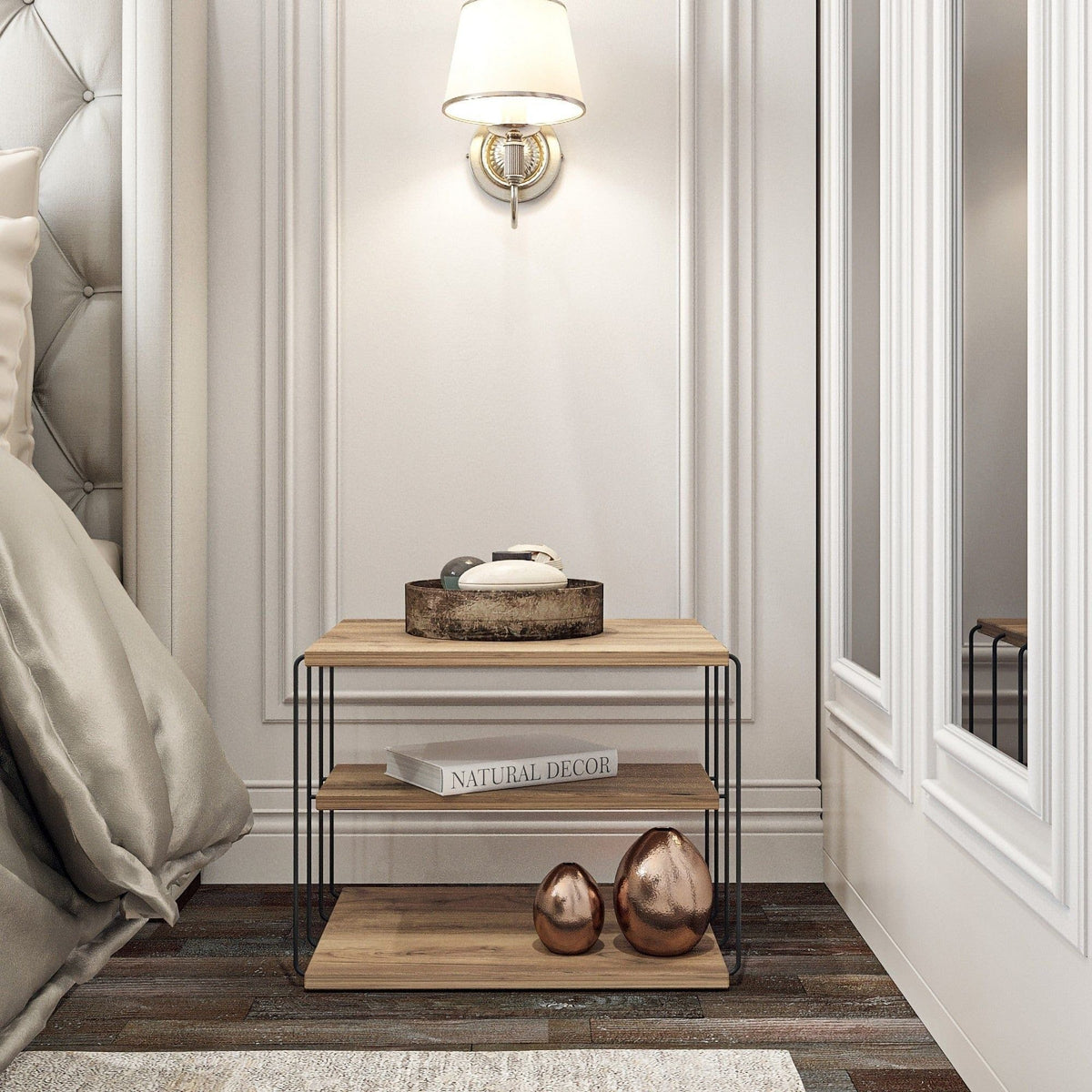 Masuta LIFON, stejar/negru, PAL/metal, 50x34x40 cm