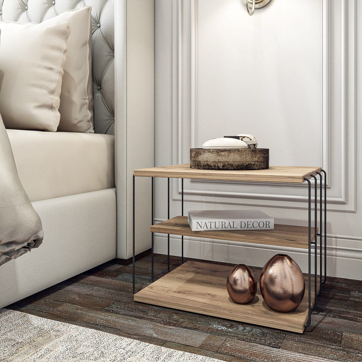 Masuta LIFON, stejar/negru, PAL/metal, 50x34x40 cm