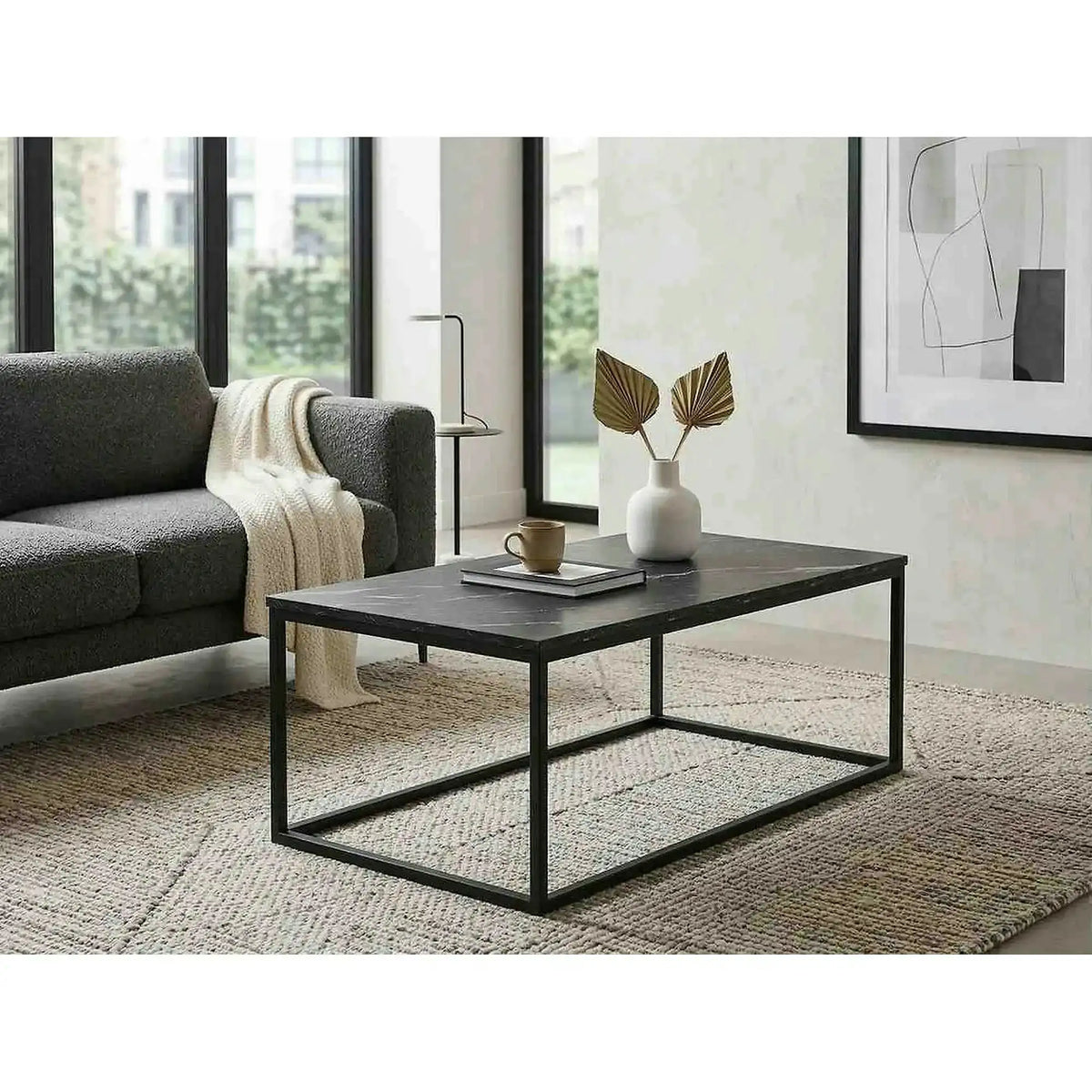 Masuta ROSSI A, negru cu efect de marmura/negru, PAL melaminat/metal, 110x60x45 cm