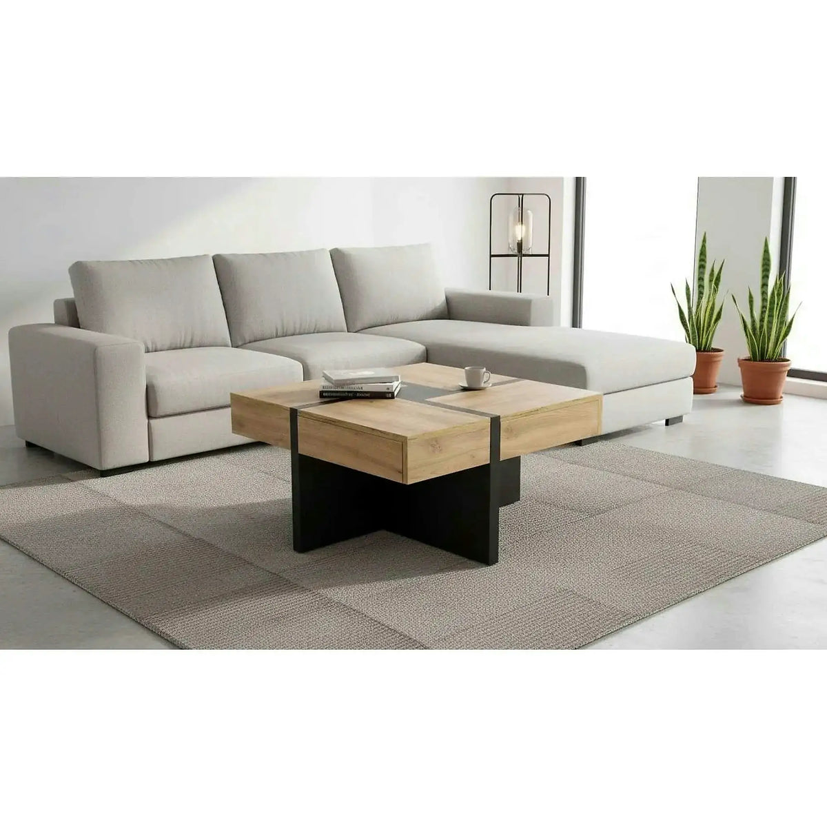 Masuta SEVILLA S, stejar/negru, PAL laminat, 80x80x47 cm