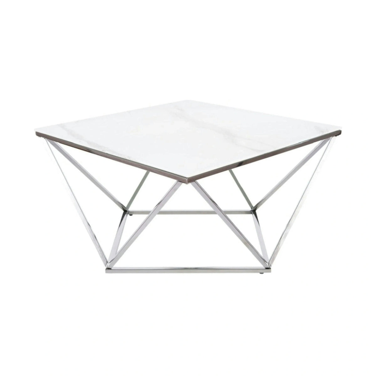 Masuta Silver A II, alb cu efect de marmura/argintiu, sticla securizata/otel, 80x80x45 cm