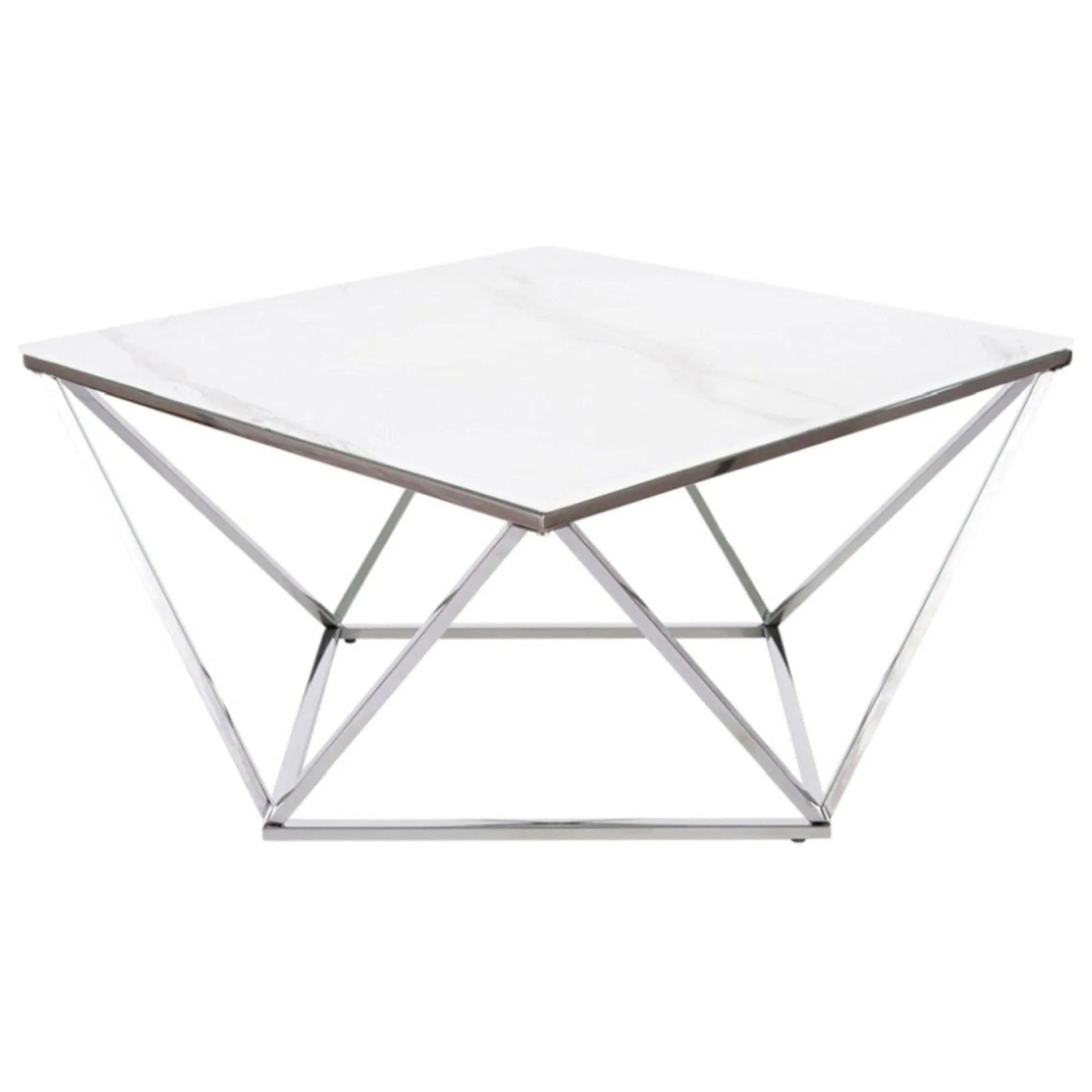 Masuta Silver A II, alb cu efect de marmura/argintiu, sticla securizata/otel, 80x80x45 cm