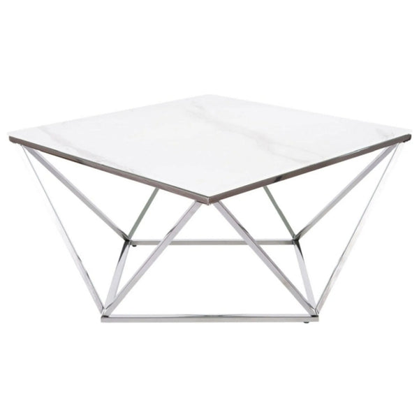 Masuta Silver A II, alb cu efect de marmura/argintiu, sticla securizata/otel, 80x80x45 cm