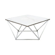 Masuta Silver A II, alb cu efect de marmura/argintiu, sticla securizata/otel, 80x80x45 cm