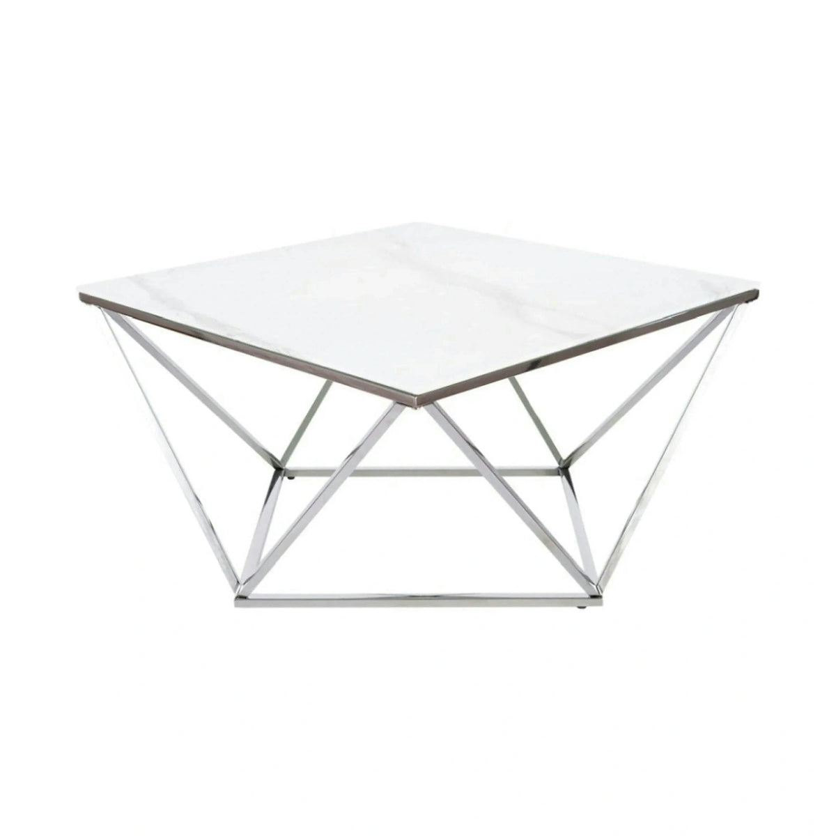 Masuta Silver A II, alb cu efect de marmura/argintiu, sticla securizata/otel, 80x80x45 cm