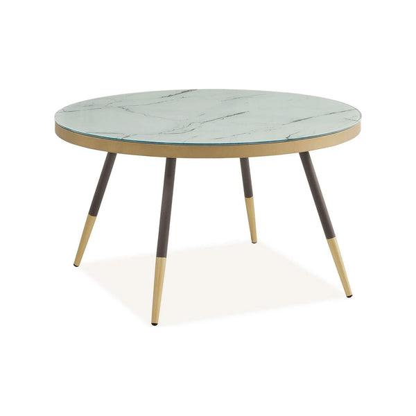 Masuta VEGA B, alb cu efect de marmura/negru/auriu, sticla/metal, 80x80x45 cm
