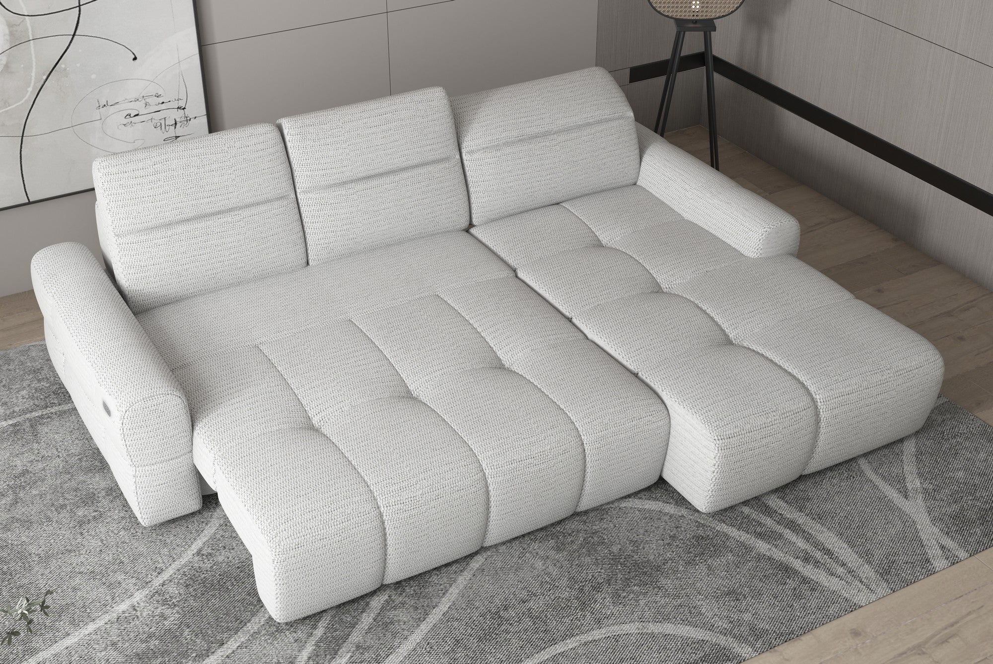 Coltar extensibil MATEO S, personalizabil materiale Gama Premium, cu lada depozitare si tetiere reglabile, 273x183x99 cm