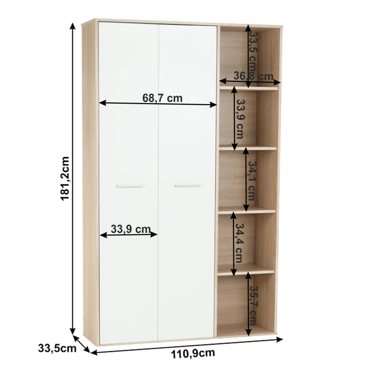 Dulap MAURUS NEW MA52, stejar sonoma/alb, PAL melaminat, cu 2 usi, 111x34x181 cm