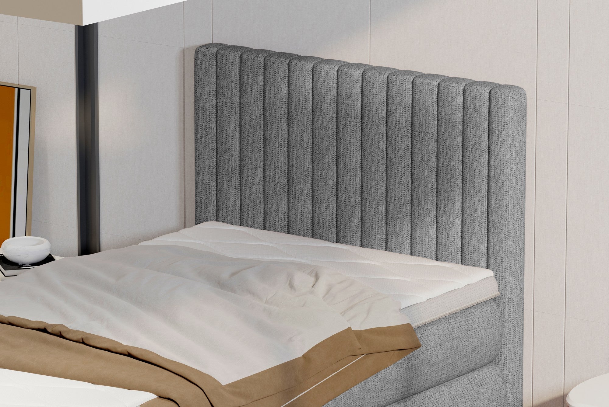 Pat boxspring MAYA 90x200, personalizabil materiale Gama Premium, cu saltele si topper