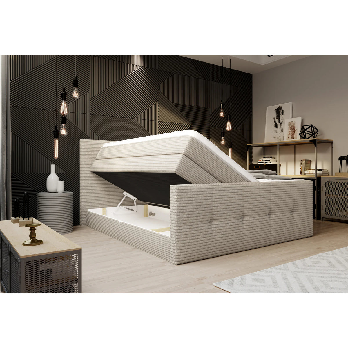 Pat boxspring MEDINO 140x200, personalizabil materiale gama Oferta Avantaj, cu saltele, topper si lada pentru depozitare