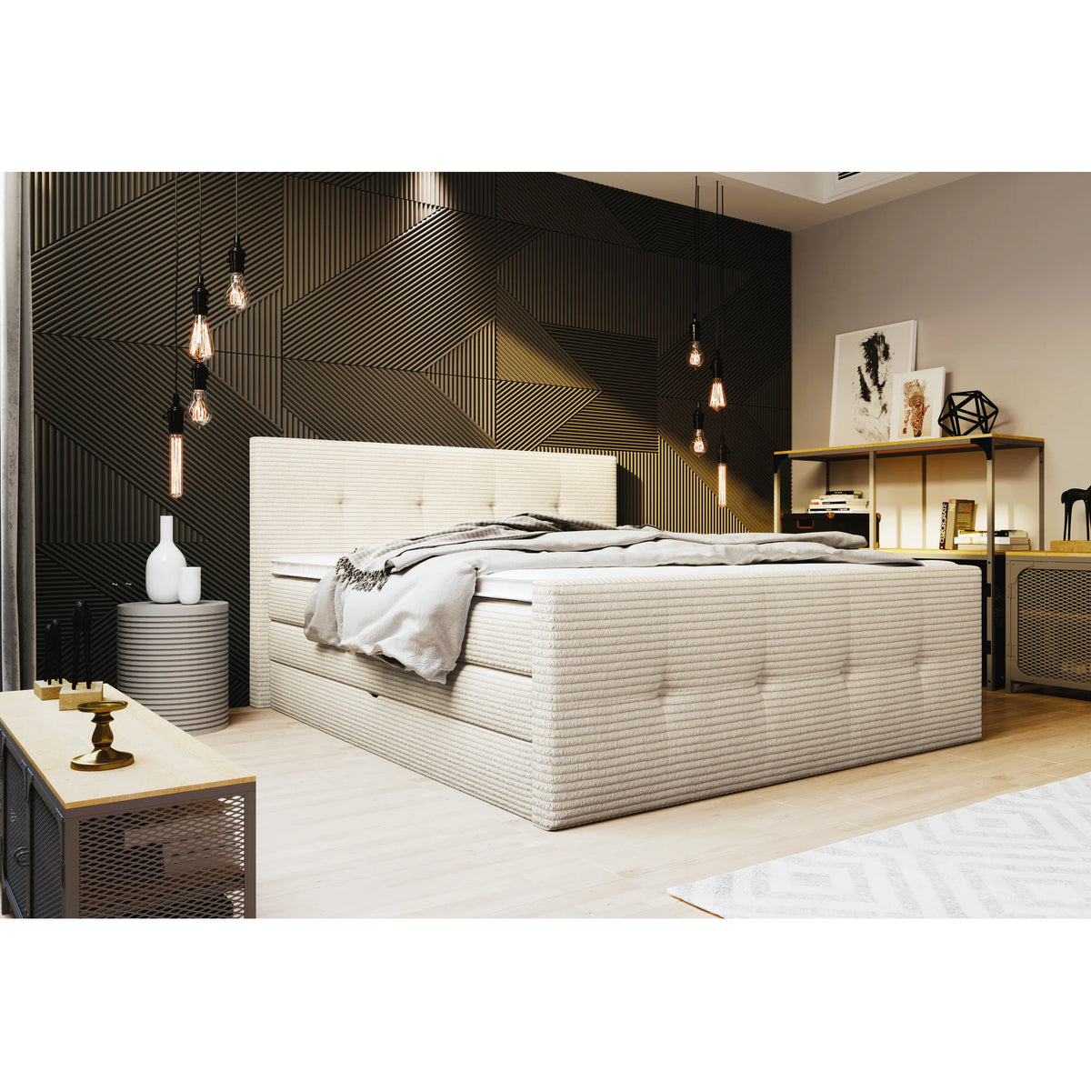 Pat boxspring MEDINO 160x200, personalizabil materiale Gama Premium, cu saltele, topper si lada pentru depozitare