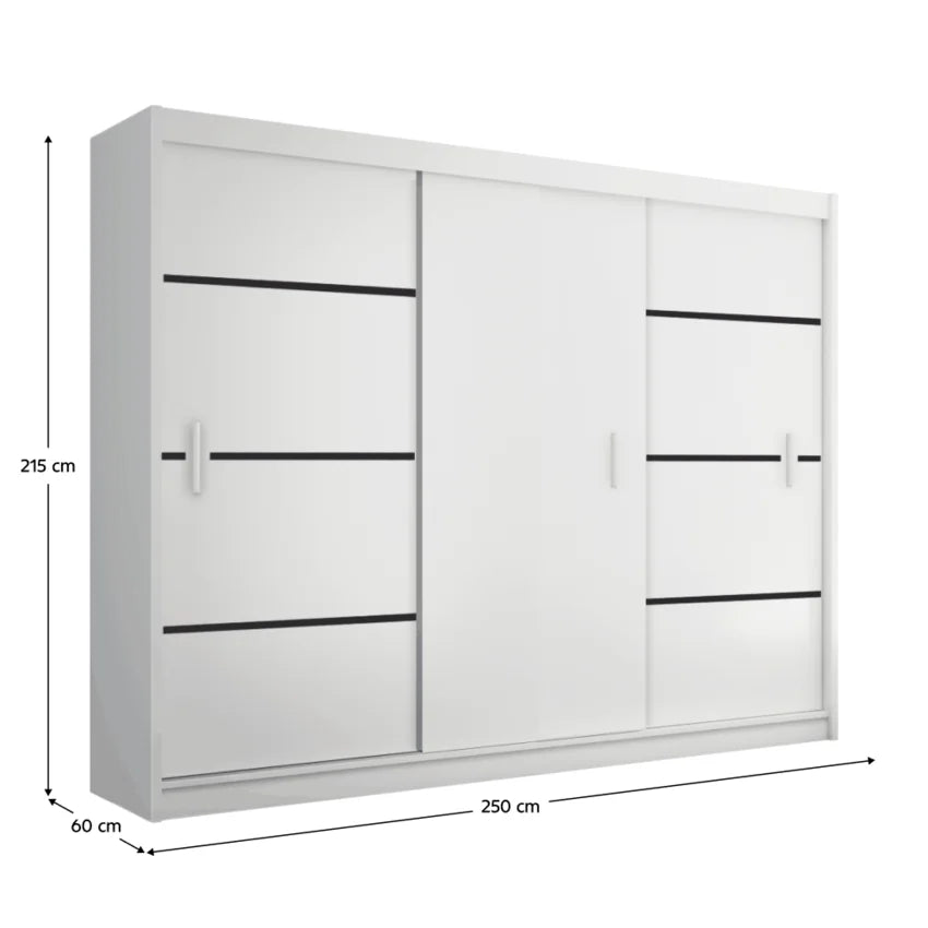 Dressing MERINA, alb/negru, PAL melaminat, cu 3 usi, 250x60x215 cm