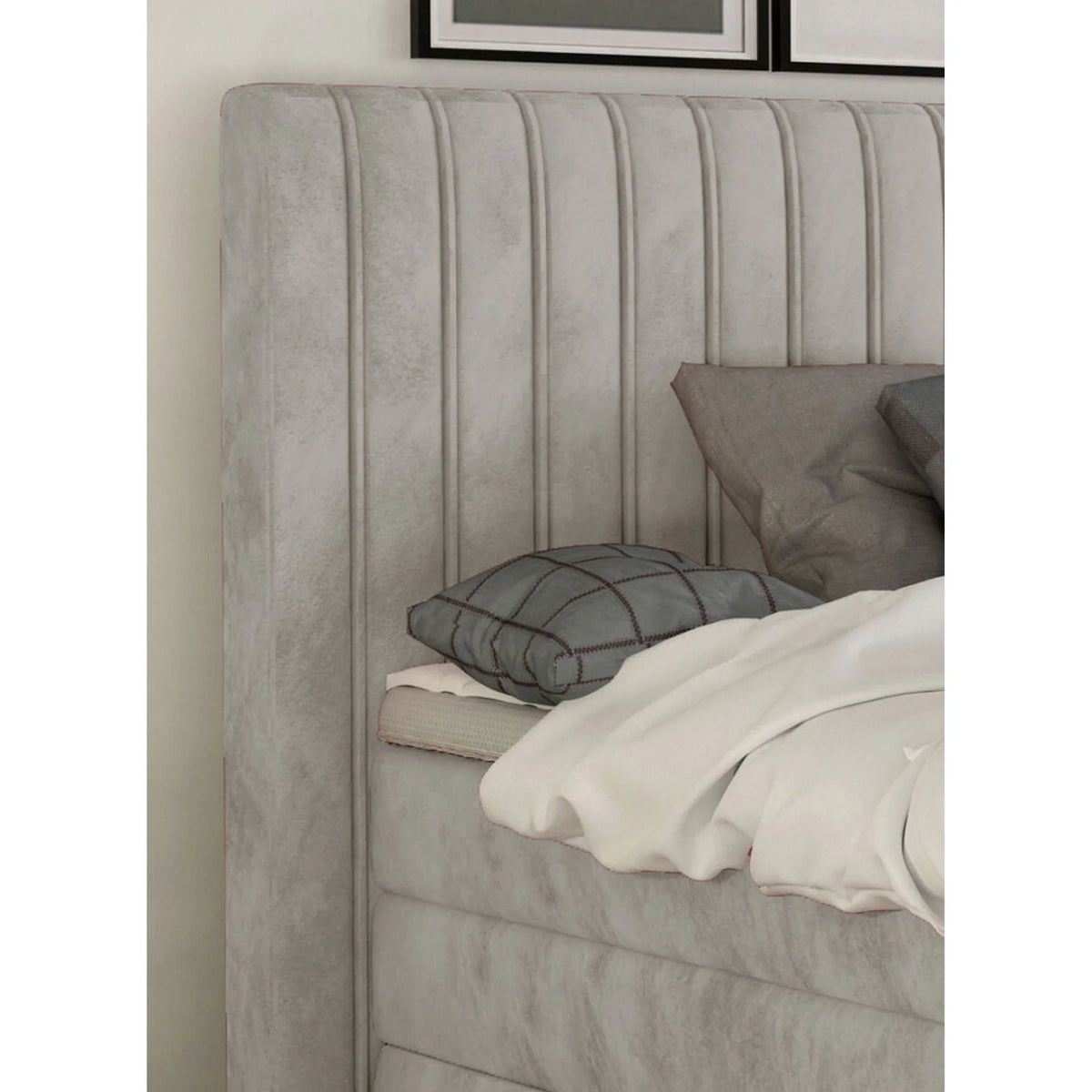 Pat boxspring MINOLA 160x200, personalizabil gama materiale Premium, cu saltele, topper si 2 lazi pentru depozitare