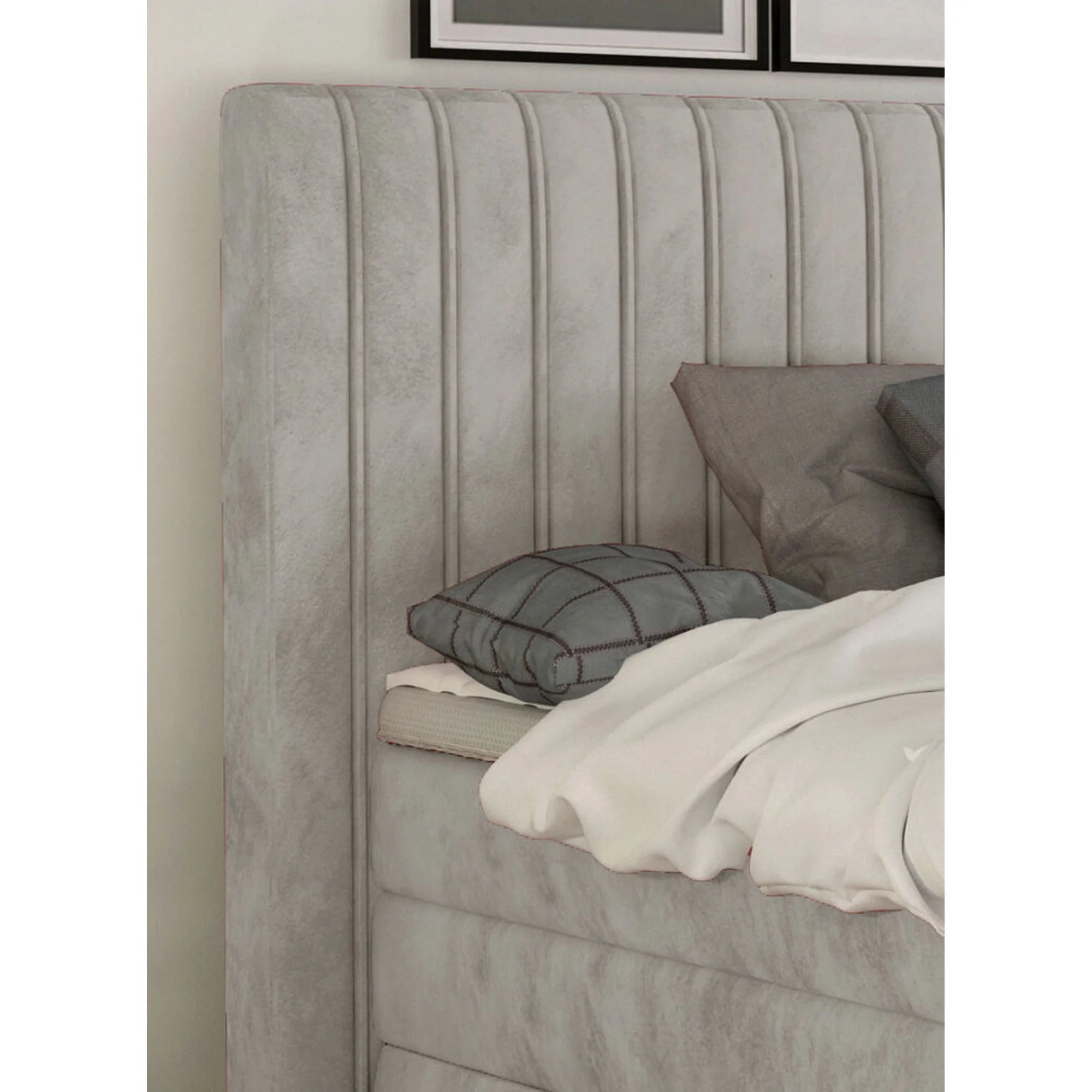 Pat boxspring MINOLA 160x200, personalizabil gama materiale Premium, cu saltele, topper si 2 lazi pentru depozitare