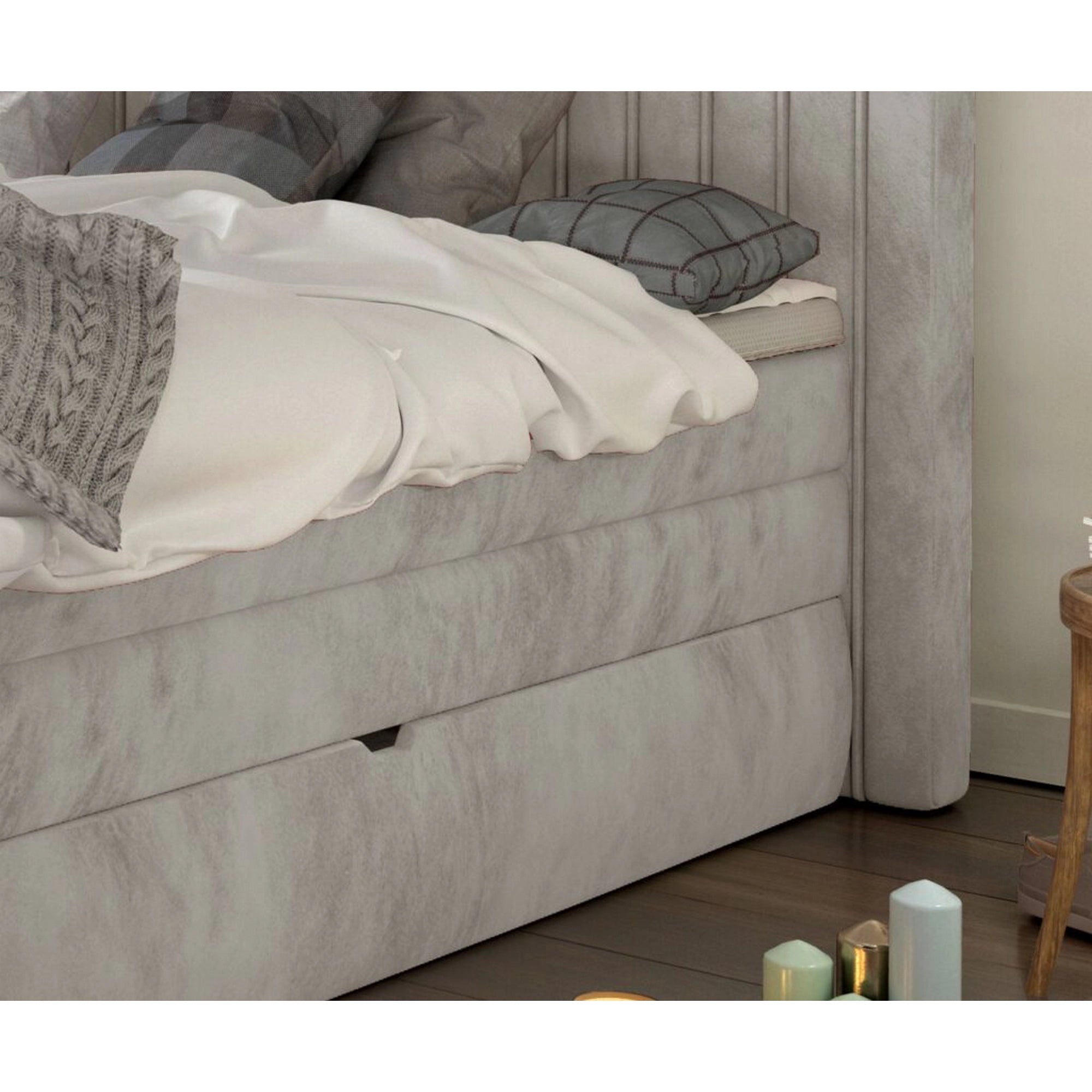 Pat boxspring MINOLA 180x200, personalizabil materiale gama Premium, cu saltele, topper si 2 lazi pentru depozitare