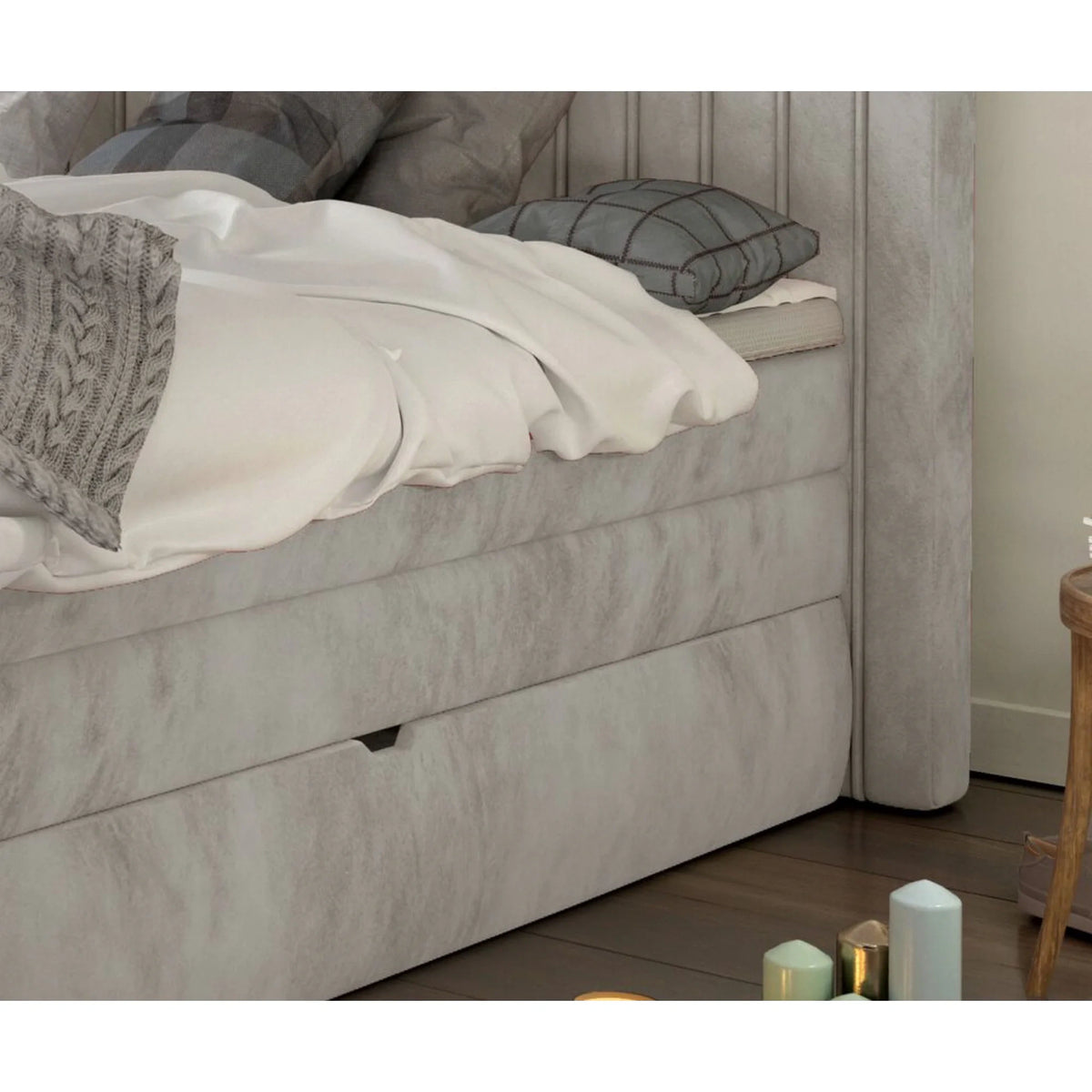 Pat boxspring MINOLA 140x200, personalizabil materiale gama Premium, cu saltele, topper si 2 lazi pentru depozitare