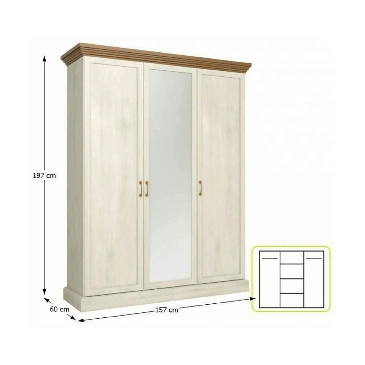 Mobila dormitor stil scandinav ROYAL, pin nordic/stejar salbatic, PAL laminat/metal, cu pat 160x200, somiera, dulap cu 3 usi si 2 noptiere