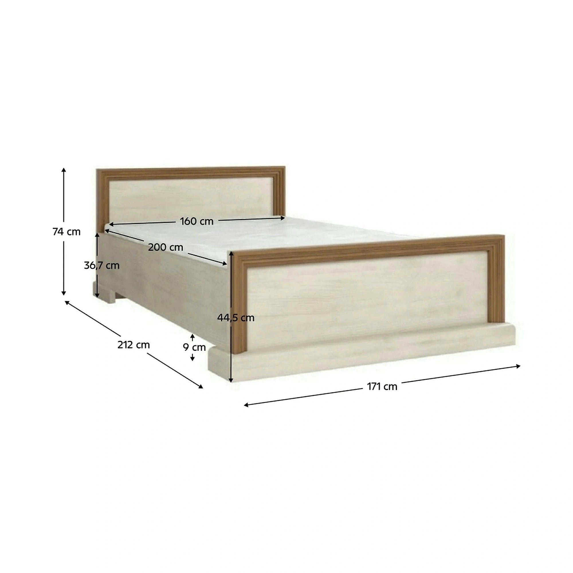 Mobila dormitor stil scandinav ROYAL, pin nordic/stejar salbatic, PAL laminat/metal, cu pat 160x200, somiera, dulap cu 3 usi si 2 noptiere