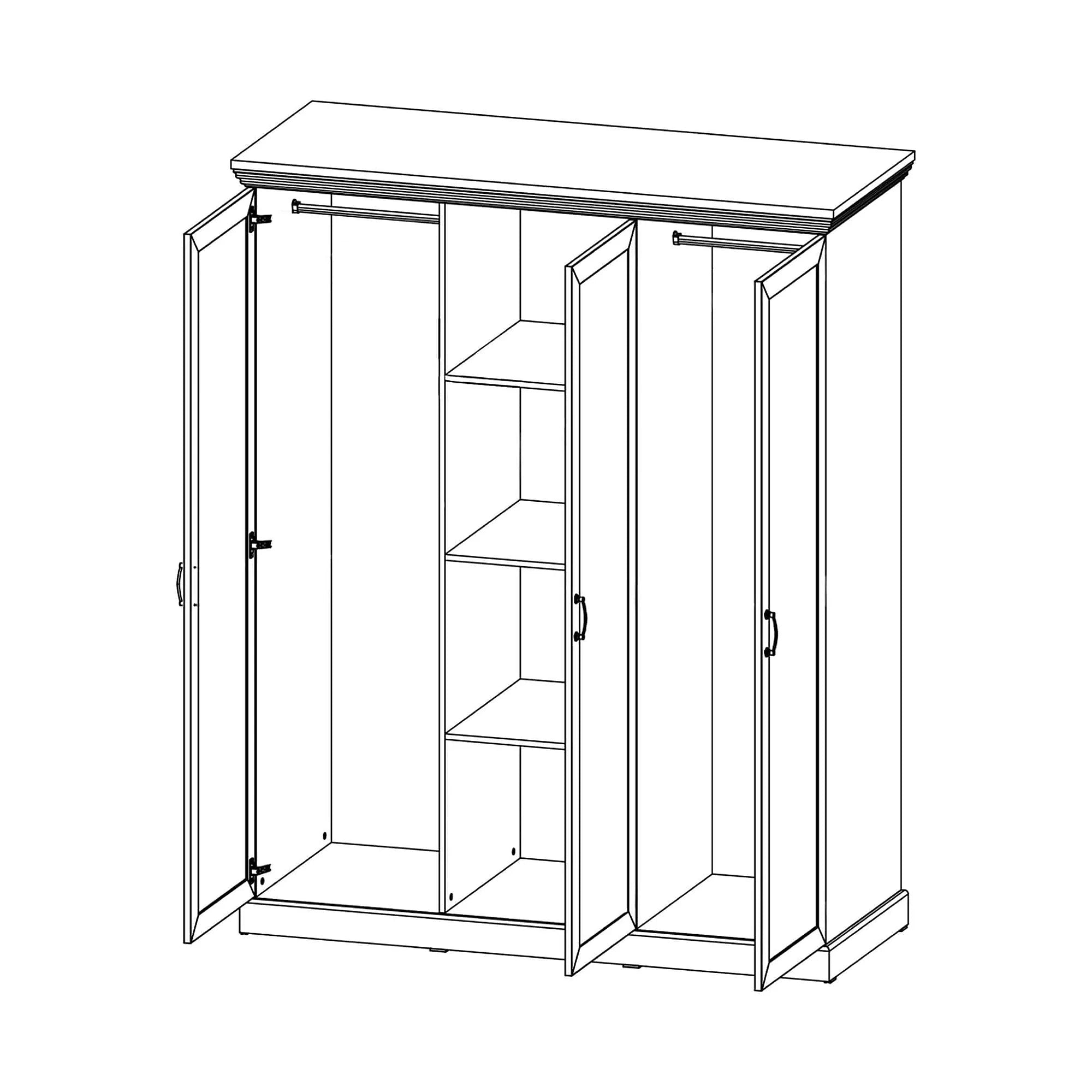 Mobila dormitor stil scandinav ROYAL, pin nordic/stejar salbatic, PAL laminat/metal, cu pat 160x200, somiera, dulap cu 3 usi si 2 noptiere