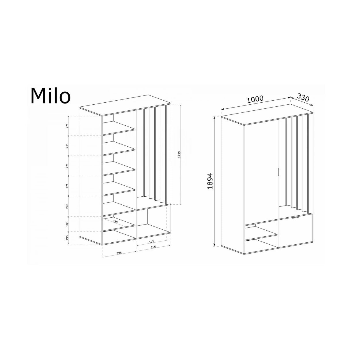 Mobila hol MILO UNI, gri grafit, PAL laminat/metal, 100x33x189 cm