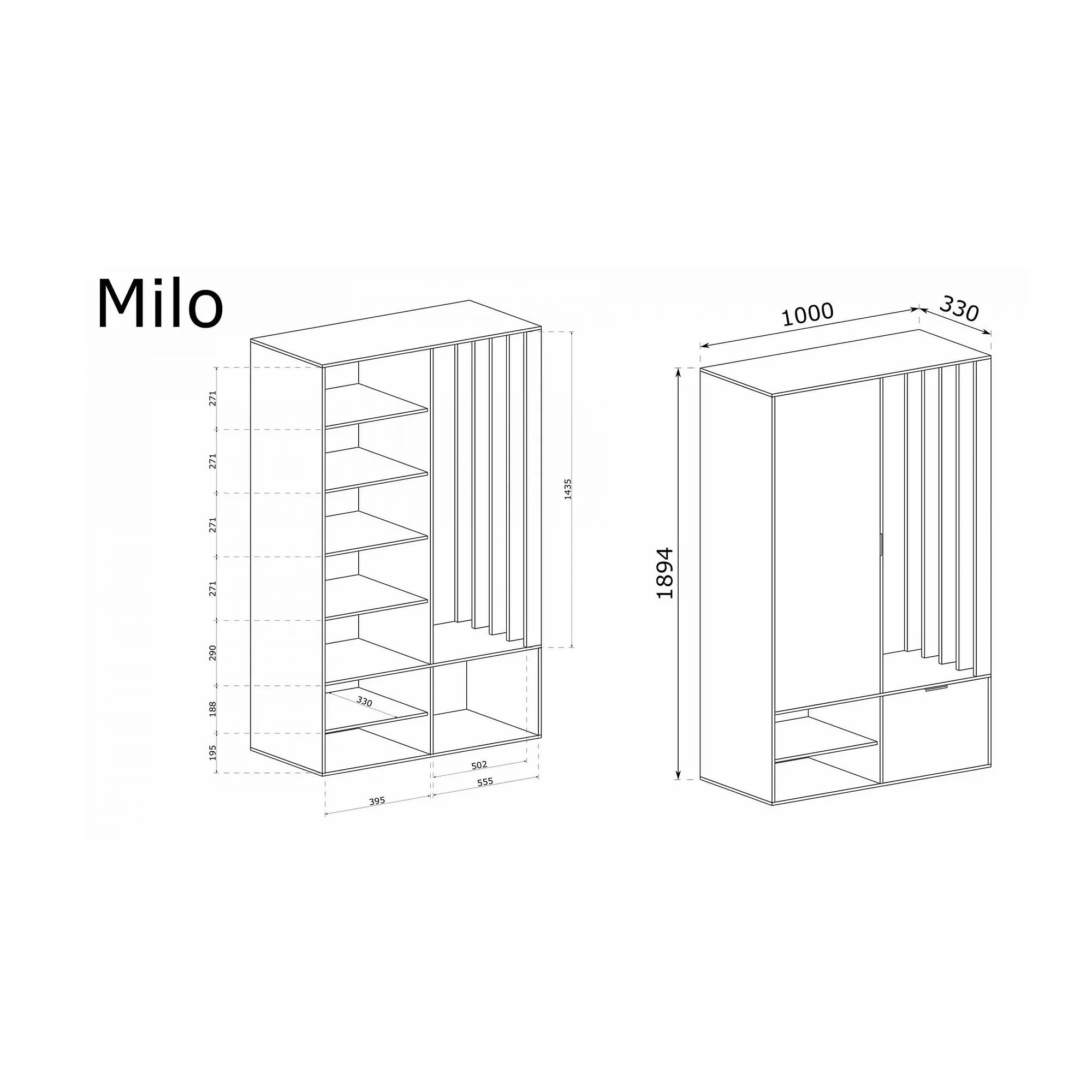 Mobila hol MILO UNI, gri grafit, PAL laminat/metal, 100x33x189 cm