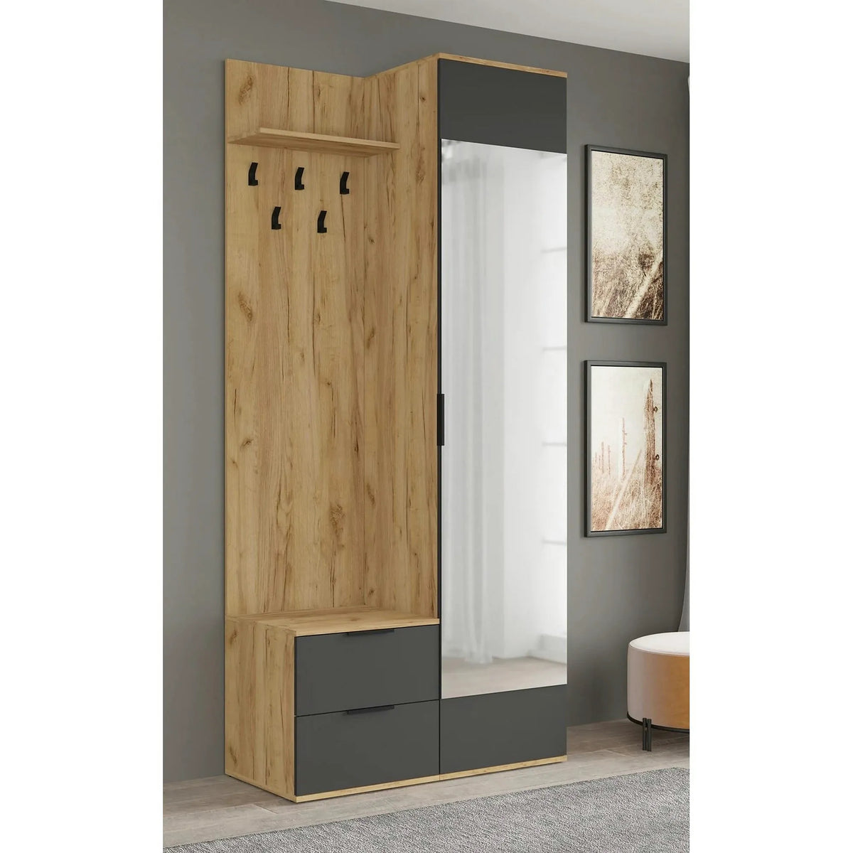 Mobiler hol CORAL, stejar auriu/gri antracit, PAL laminat, 100x45x203 cm