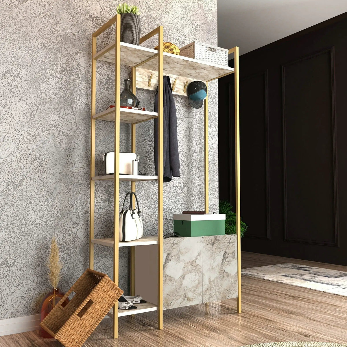 Mobiler hol DOGA, auriu/bej cu efect de marmura, PAL melaminat, 90x35x175 cm