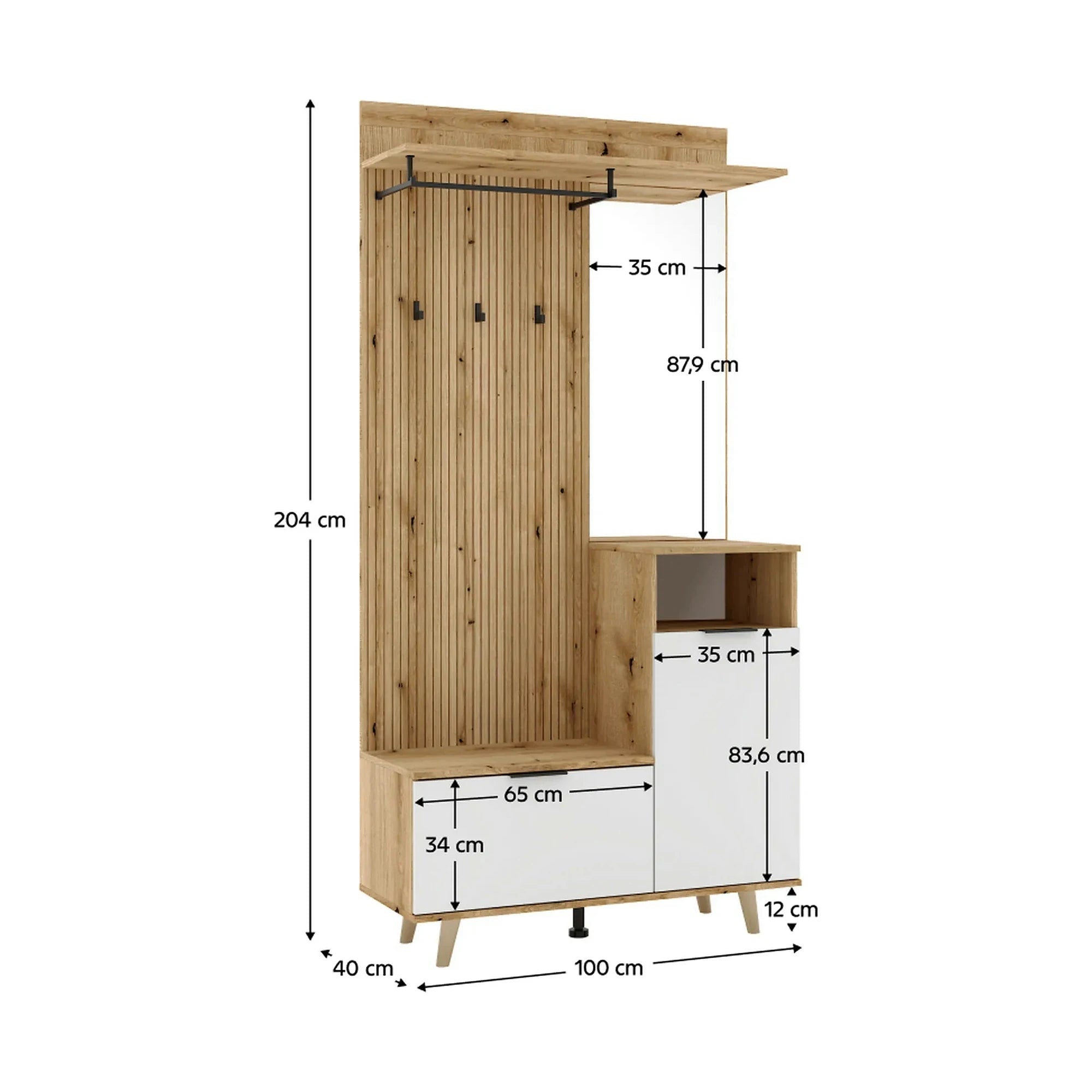Mobiler hol NODRI, stejar evoke/alb, DTD laminat, 100x40x204 cm