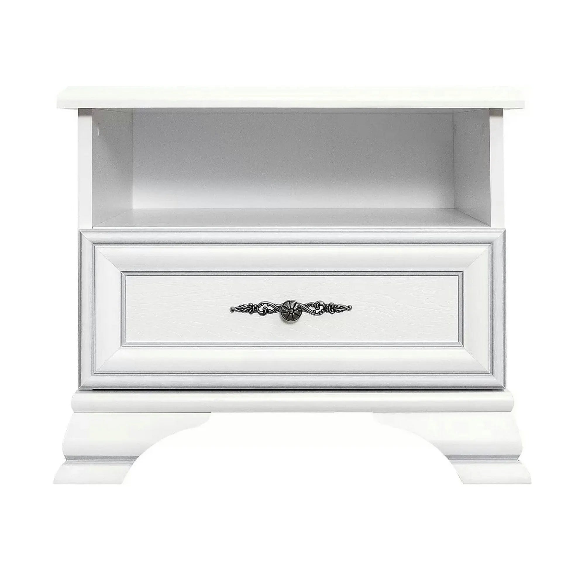 Mobilier dormitor alb IDENTO 2, cu pat 160x200, dulap cu 5 usi si 2 sertare, si 2 noptiere