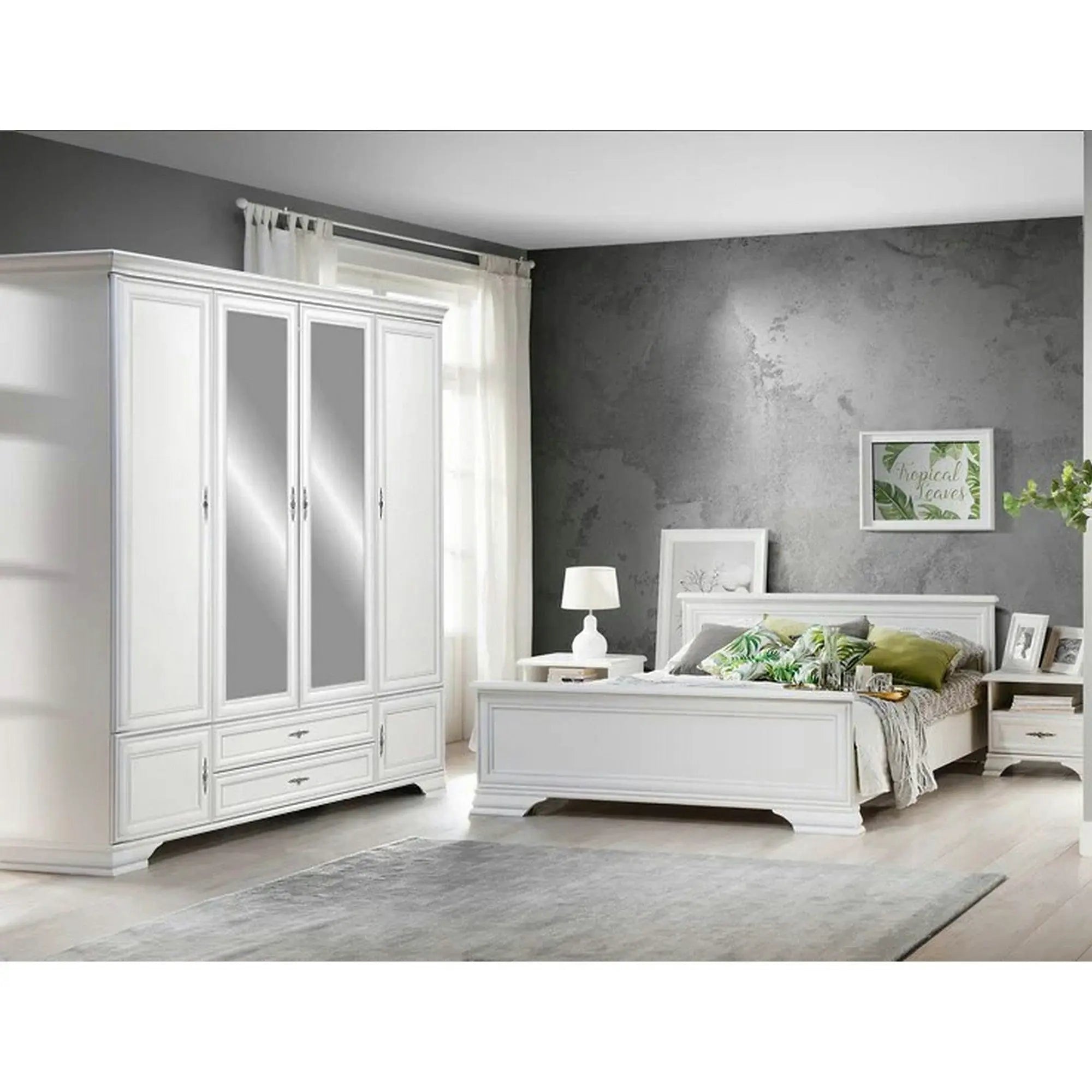 Mobilier dormitor alb IDENTO 3, PAL melaminat, cu pat 160x200, dulap cu 6 usi si 2 sertare si noptiere