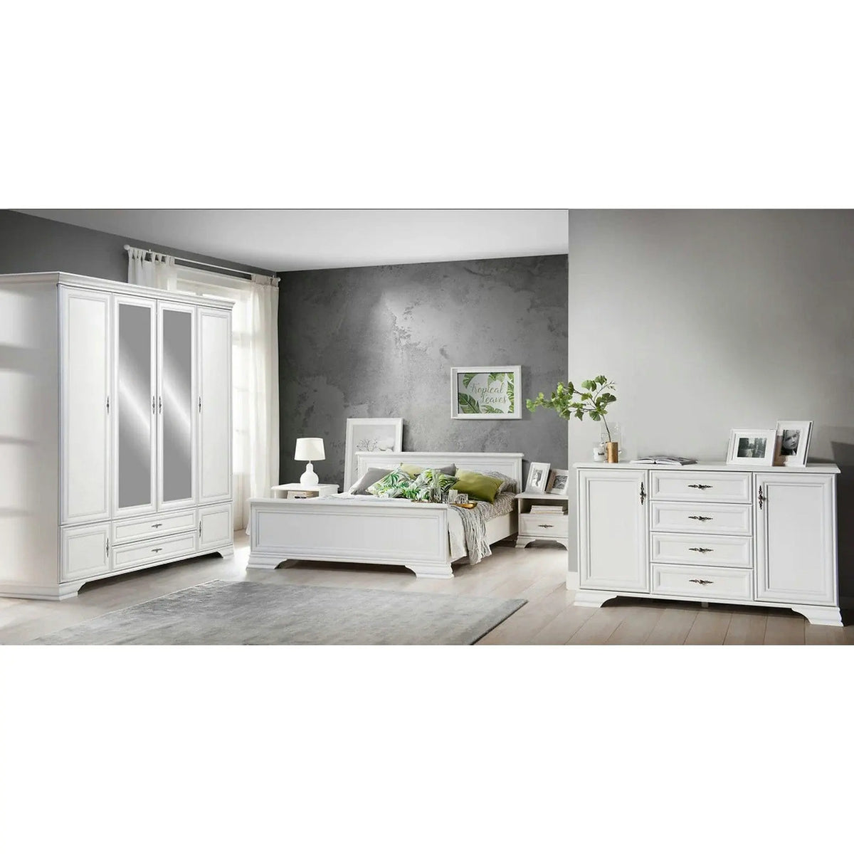 Mobilier dormitor alb IDENTO 4, cu pat 160x200, dulap cu 6 usi si 2 sertare, noptiere si comoda