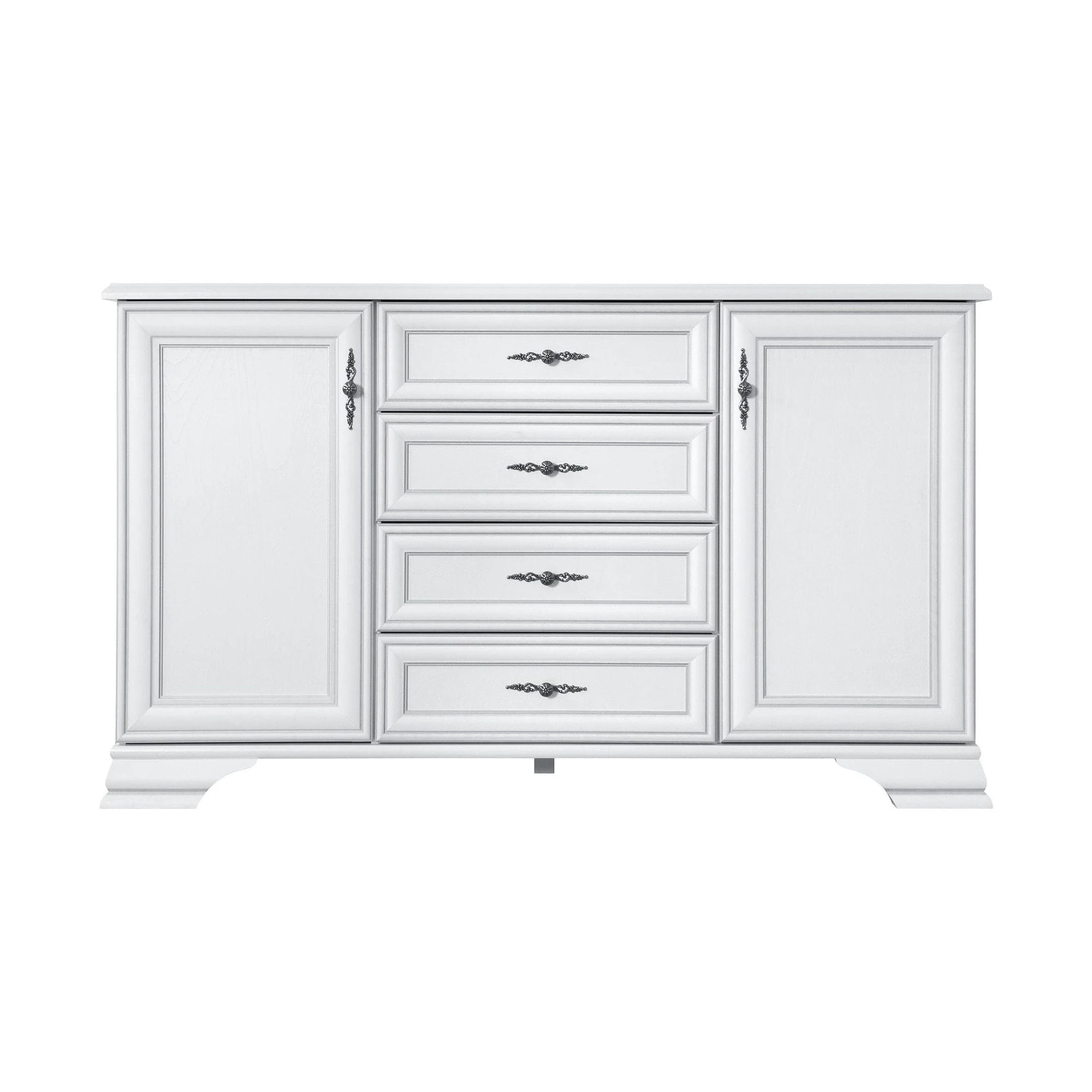 Mobilier dormitor alb IDENTO 4, cu pat 160x200, dulap cu 6 usi si 2 sertare, noptiere si comoda