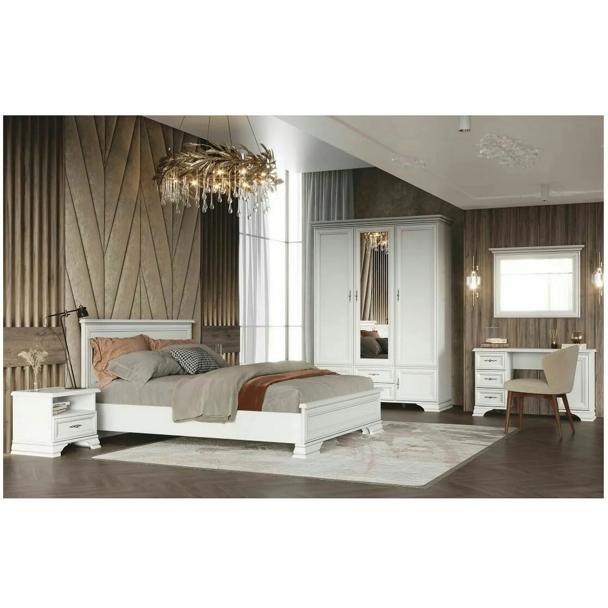 Mobilier dormitor alb IDENTO 6, cu pat 160x200, dulap cu 5 usi si 2 sertare, noptiere, masa toaleta si oglinda